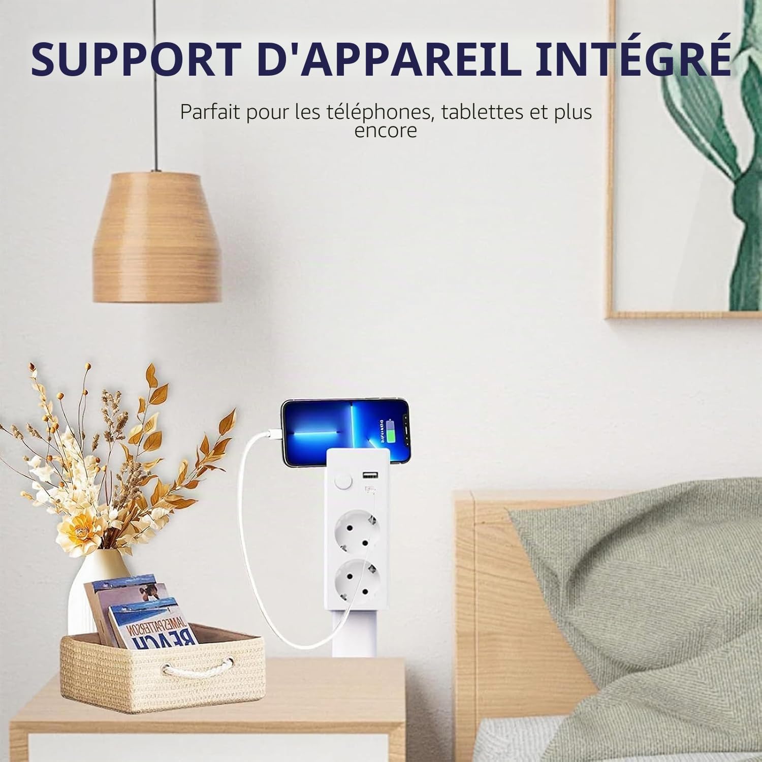 Prise murale extensible et rotative avec USB-A, USB-C et 2 prises - Idéal pour les coins étroits tels que les tables de chevet, les canapés et les bureaux.