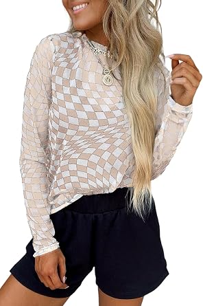 Maketina Womens Sheer Mesh Long Sleeve Tops Checkered Mock Neck See Though Tshirt Clubwear Going Out Tops
