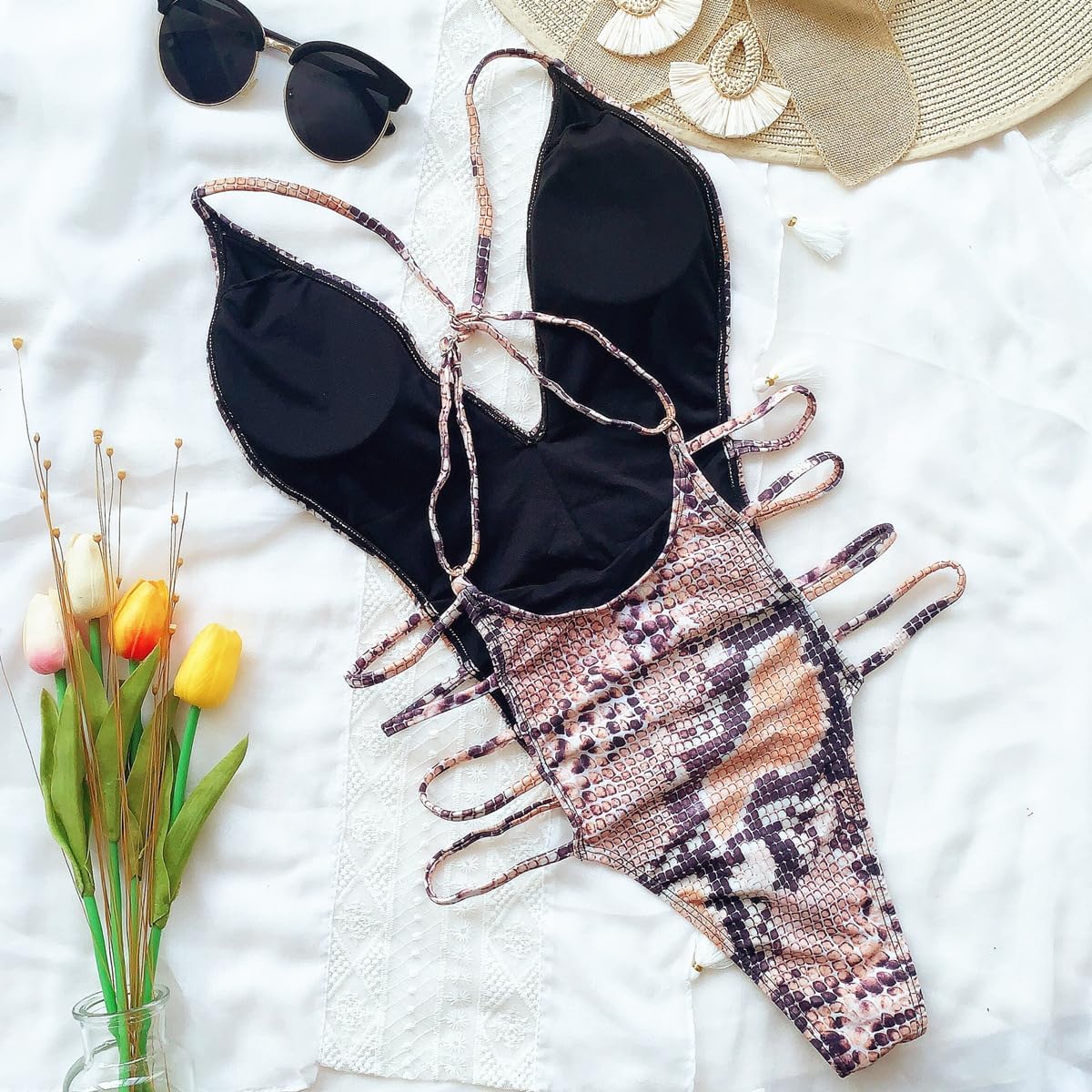 Women's One Piece Swimsuit Serpentine Print Swimming Costume Deep V Neck Halter Back Cut Out Swimwear Bathing Suit