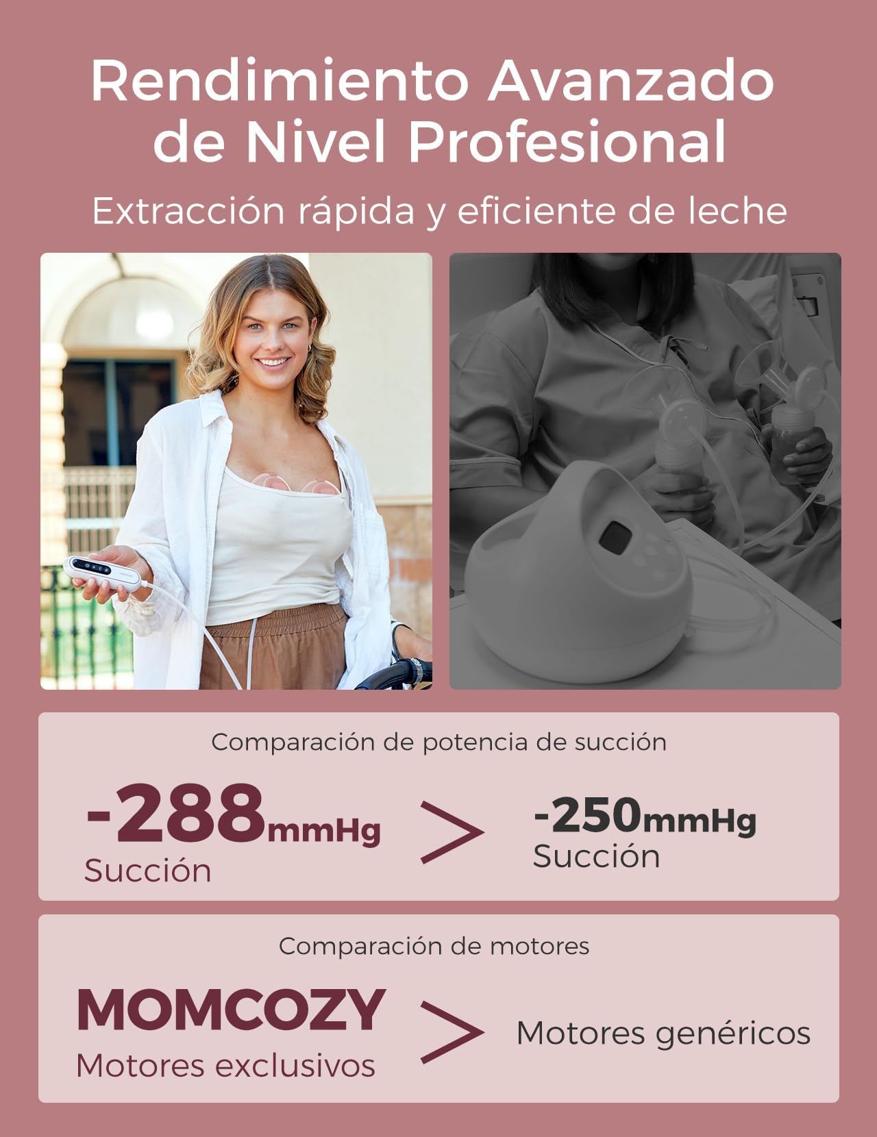 Momcozy V1 Pro Sacaleches Eléctrico Manos Libres, Extractor de Leche Materna Portátil con 300 mmHg, 3 Ritmos y 15 Niveles, Embudo DoubleFit, Colector de 230 ml, Batería de 2300 mAh