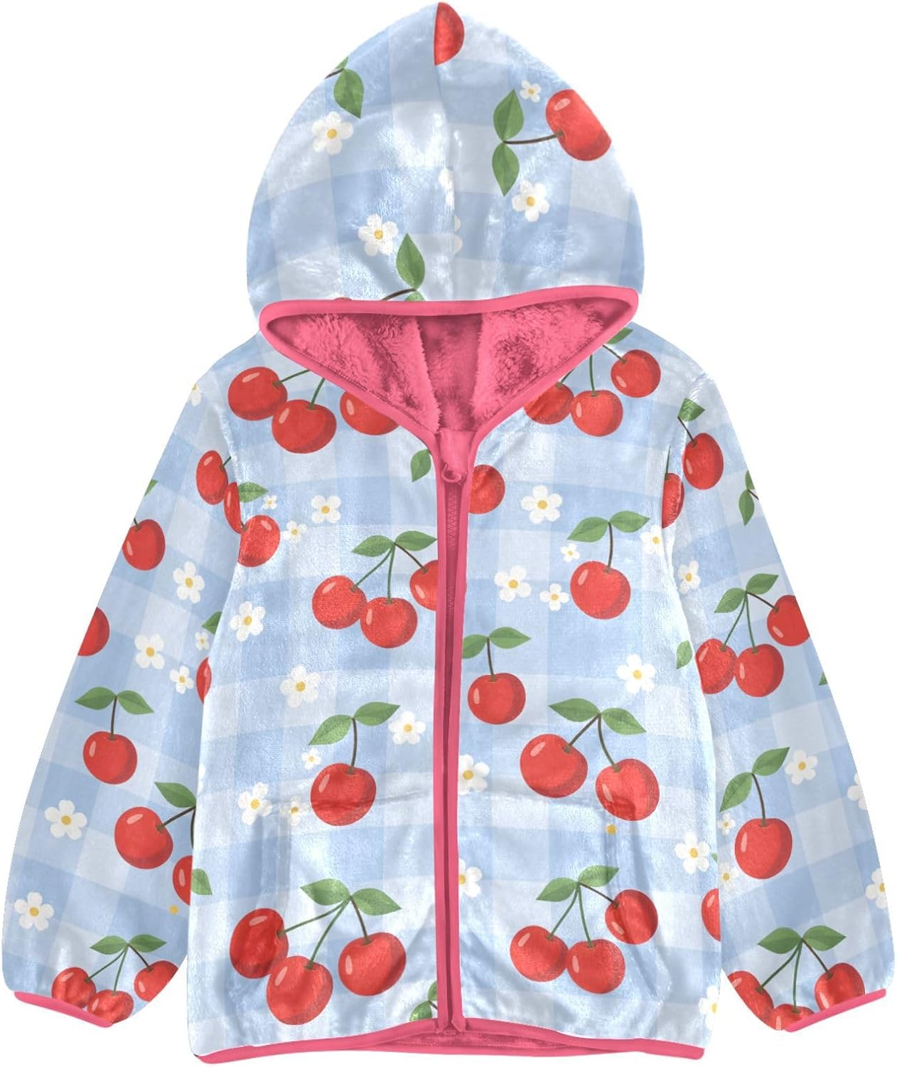 Girls Hoodie Outfit Red Cherry Pattern Zipper Sweatshirt Coat Fleece Jacket for Kids 3-10T