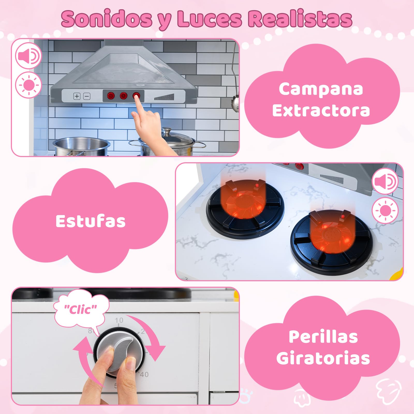 COSTWAY Cocina de Juguete Grande con Luces y Sonidos, Cocinita Infantil de Madera con Refrigerador y Microondas, Almacenamiento y Accesorios,Cocina de Juguete con Circulación de Agua (Rosa)