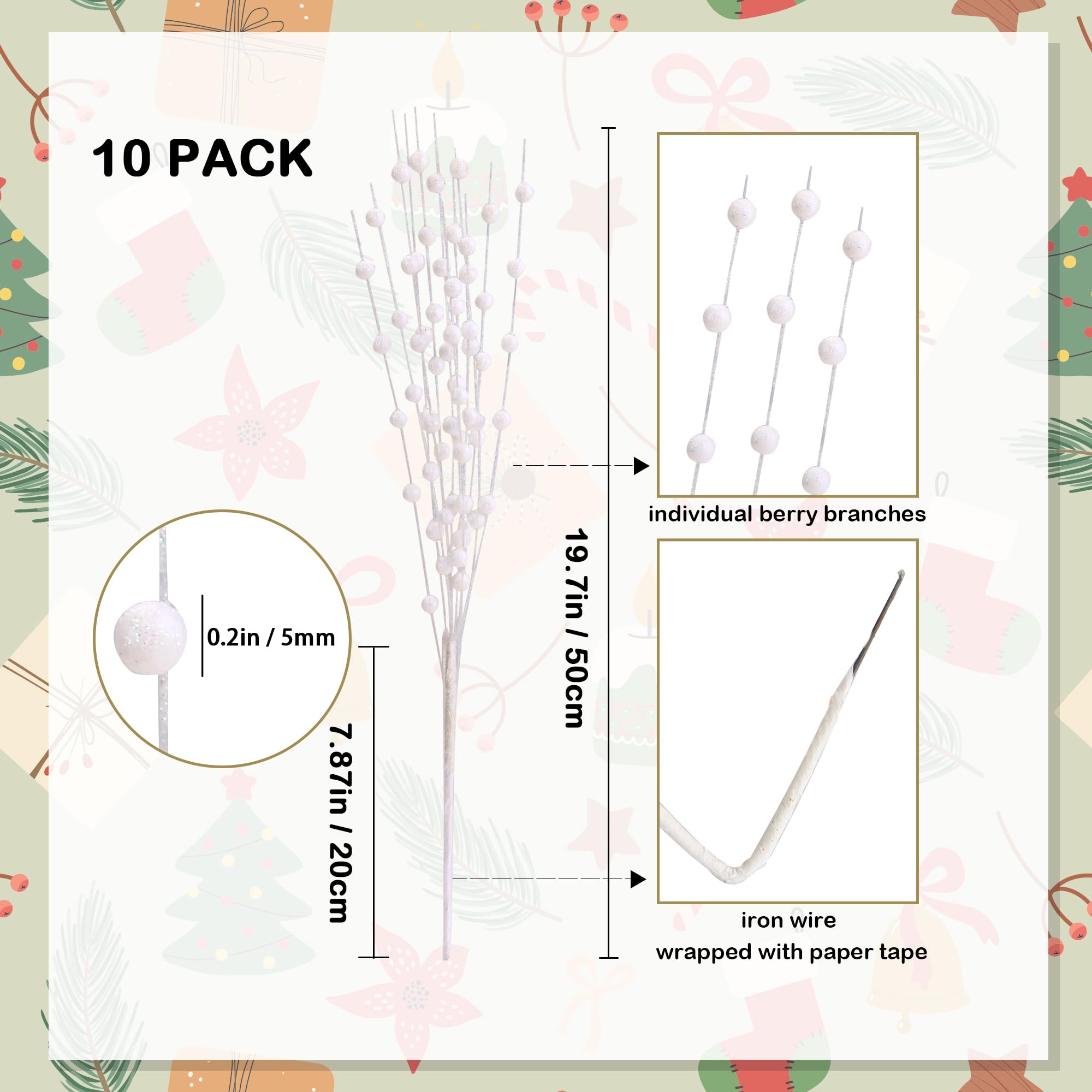 10 Pack Red Glitter Berry Picks – Fake Christmas Stems For DIY Tree, Wreath & Fireplace Decor - View #3