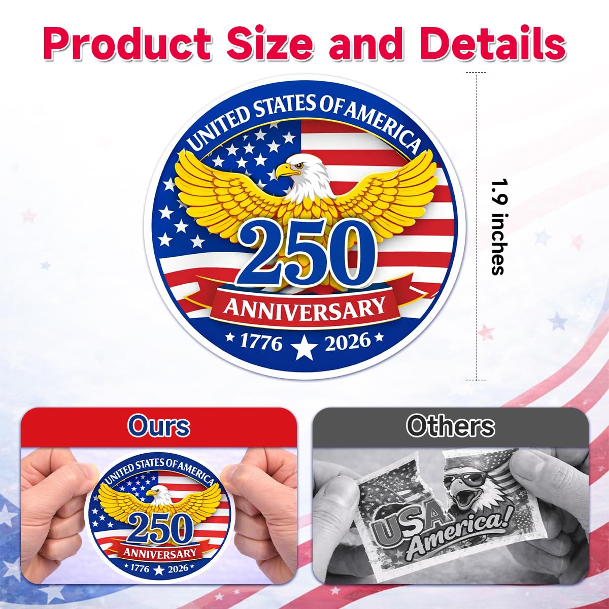 Patriotic 250th Independence Anniversary Stickers Roll Round American Flag Waterproof Decals 1.89" Strong Adhesive Labels for Water Bottles Laptops 4th of July Party Decorations 500 PCS - 4
