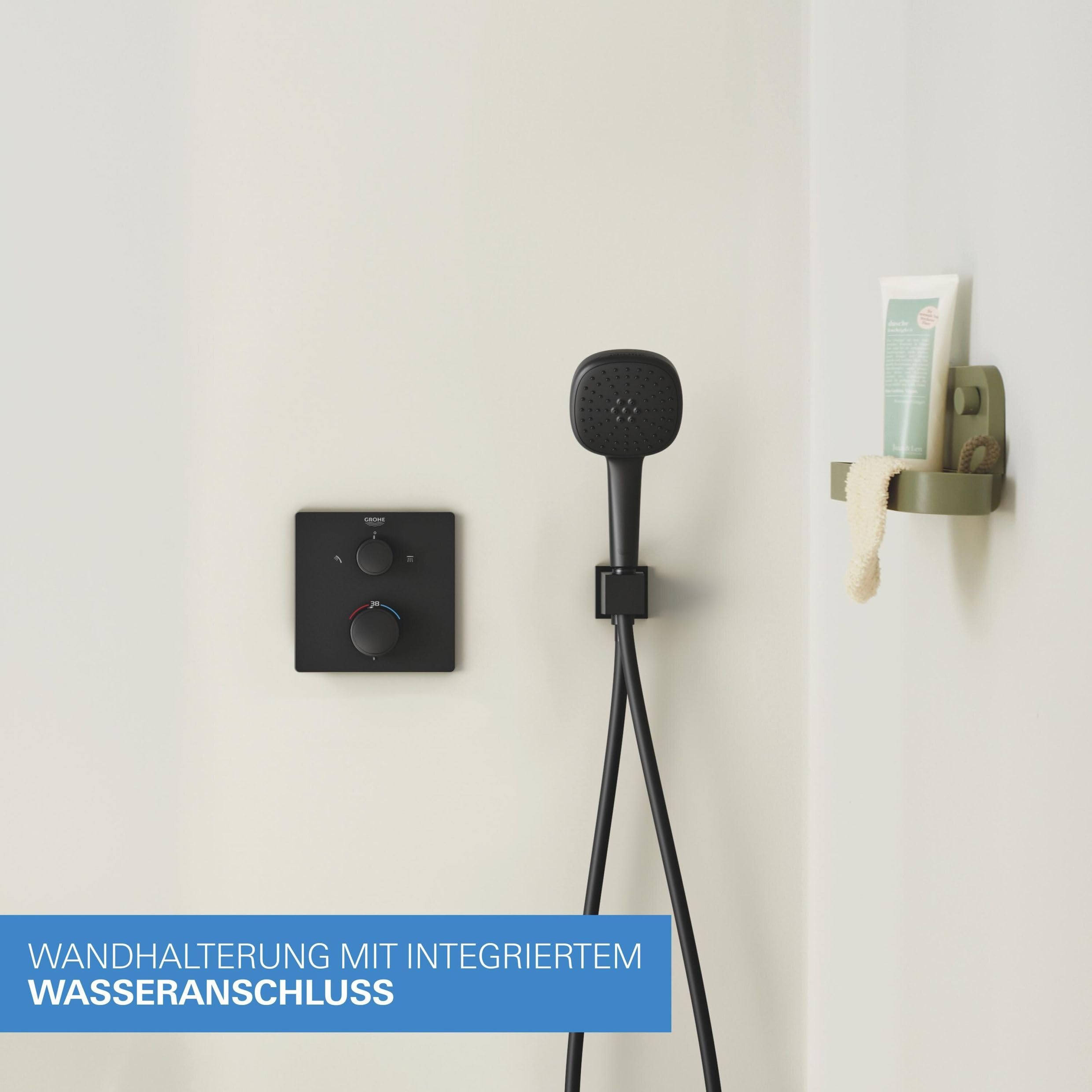 GROHE Precision 250, Unterputz Duschsystem (25cm Regendusche mit Thermostat, Kopfbrause 1 Strahlart, Duschkopf 2 Strahlarten, Komplettset, 1,50m Duschschlauch), eckig, schwarz, 348822430