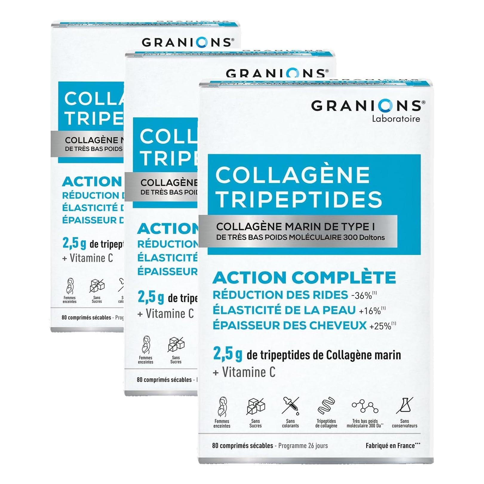 GRANIONS COLLAGENE MARIN TRIPEPTIDES 2,5g - Collagene Marin Tripeptides Anti Rides (-36%) + Élasticité Peau (+16%) - Vitamine C - Beauté Peau & Cheveux - Fabriqué en FRANCE - Sans Sucre -80 Comprimés