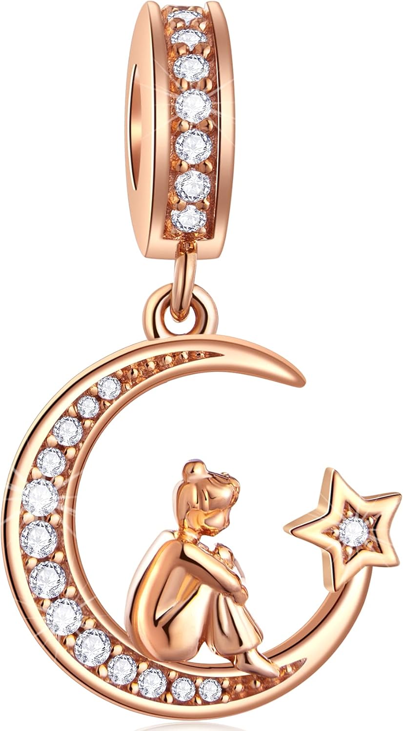 EMOSTAR Rose Gold Valentine's Day Charms fits European Bracelet, in Love, I Love You Gesture, Stars Crescent Moon, Crown, Celtic Knot Charm in 925 Sterling Silver, Gifts for Wifey/Couple