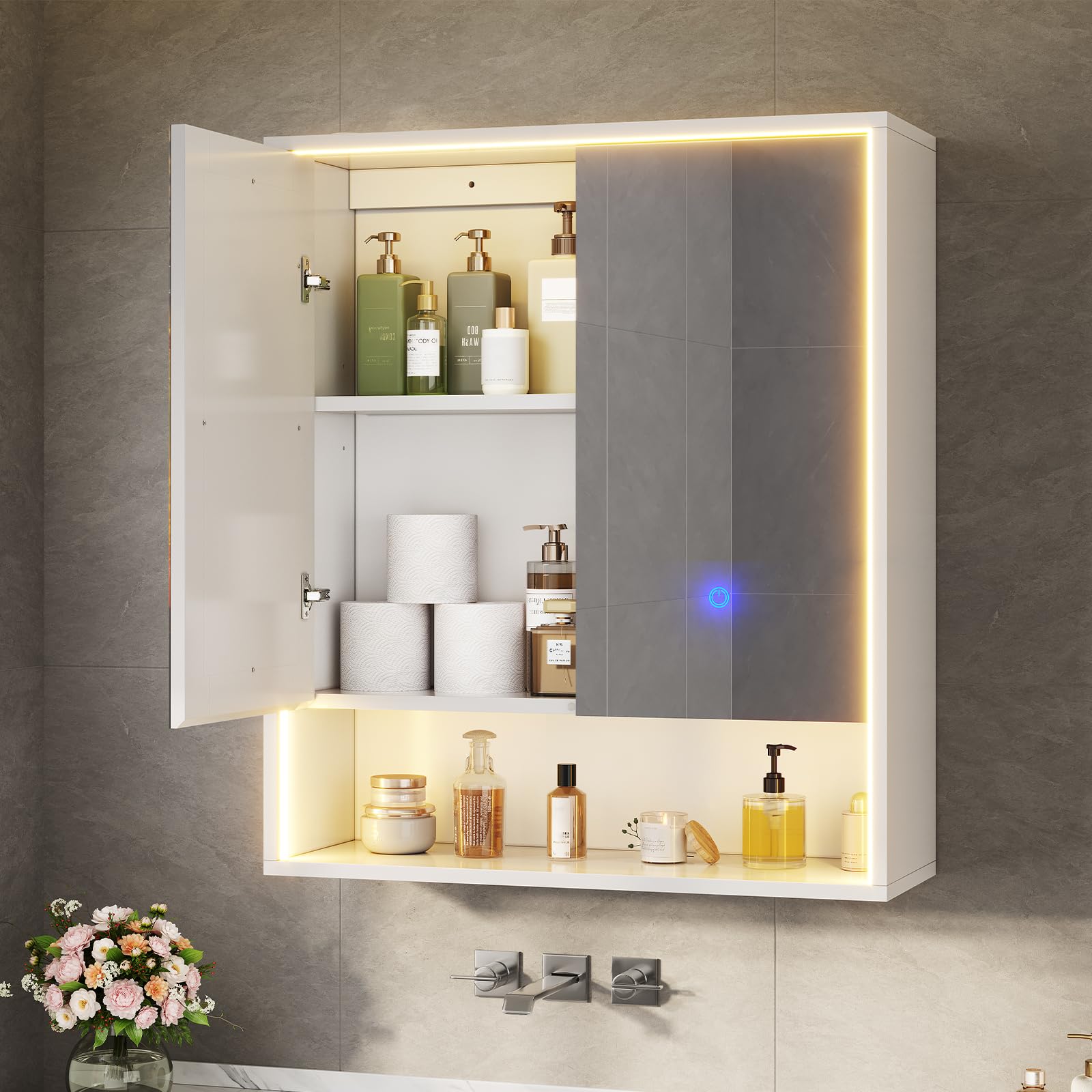 Spiegelschrank mit LED Beleuchtung, Steckdose & 3 Farbtemperaturen | Dimmbare Badezimmerschrank mit verstellbaren Regalen, HD Spiegel, Touch-Sensor, Doppeltür Hängeschrank 60x70x19 cm, Weiß