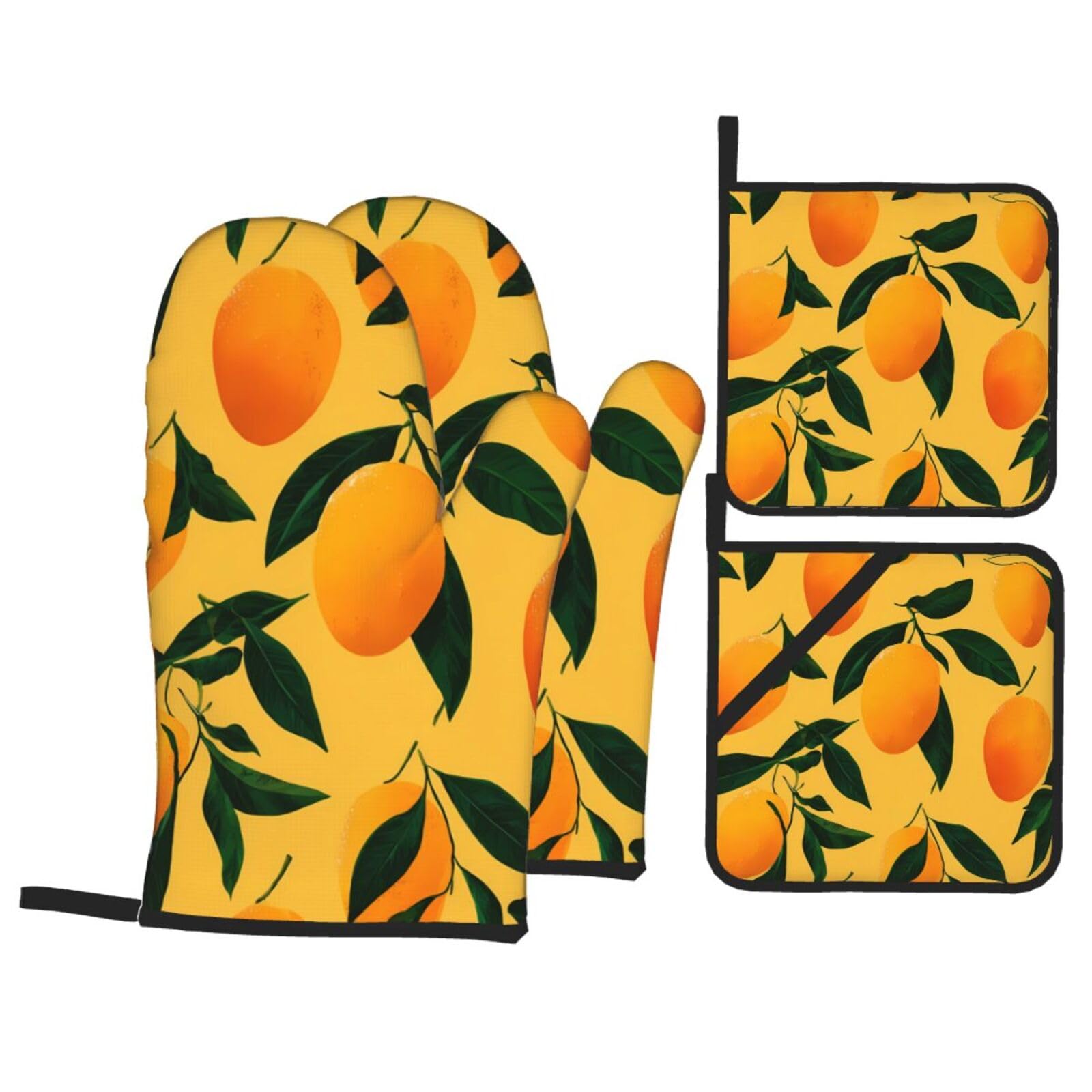 HJFCZH Golden Mango Picture Kitchen Baking Set of 4 Thick Insulated Oven Mitt & Pot Holders, Anti-Scalding for Microwave, Oven, Outdoor BBQ