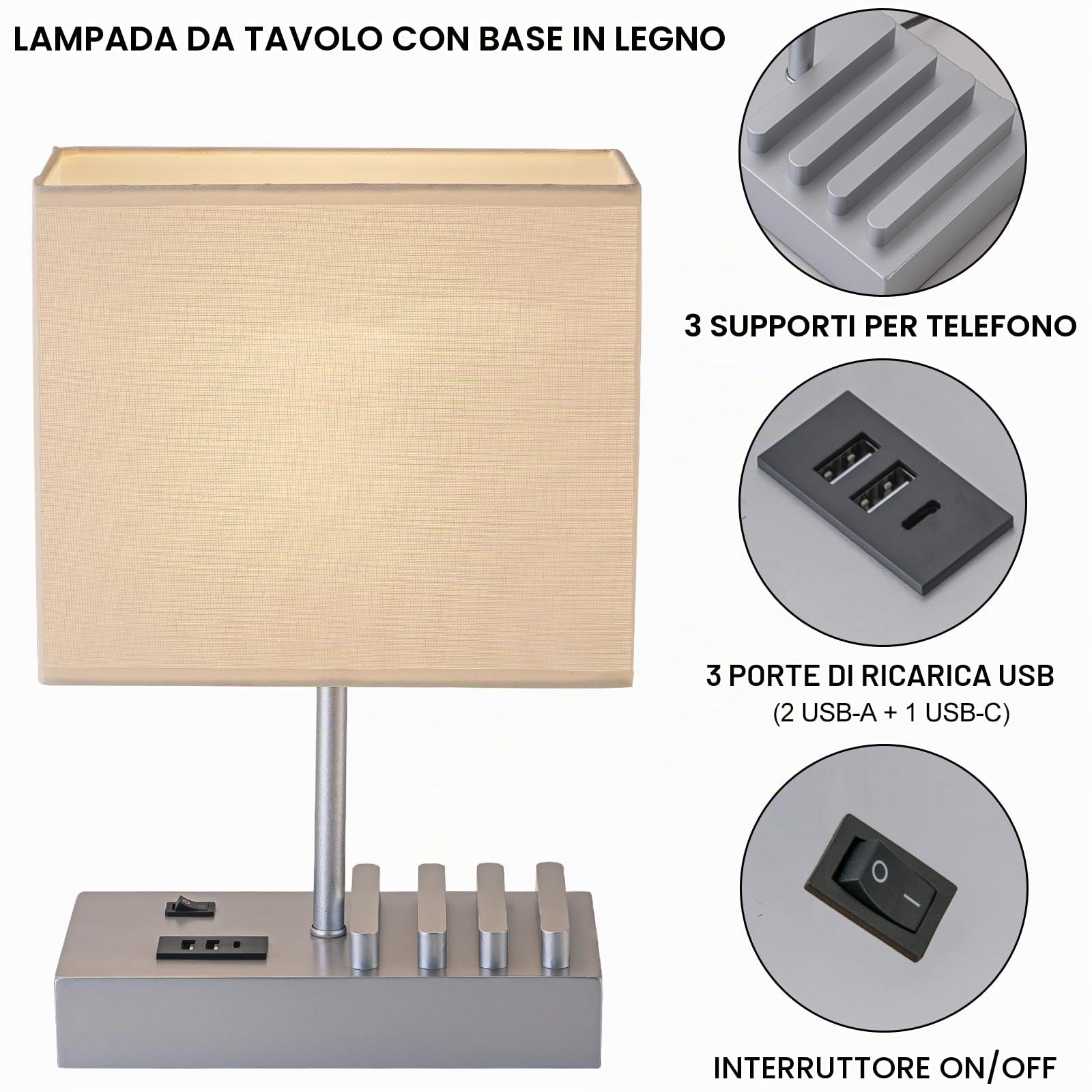 Briever Lampada da comodino USB, lampada da scrivania con 3 porte di ricarica USB e dock di ricarica per telefono, stazione di ricarica e organizer in legno, luce perfetta per camera da letto