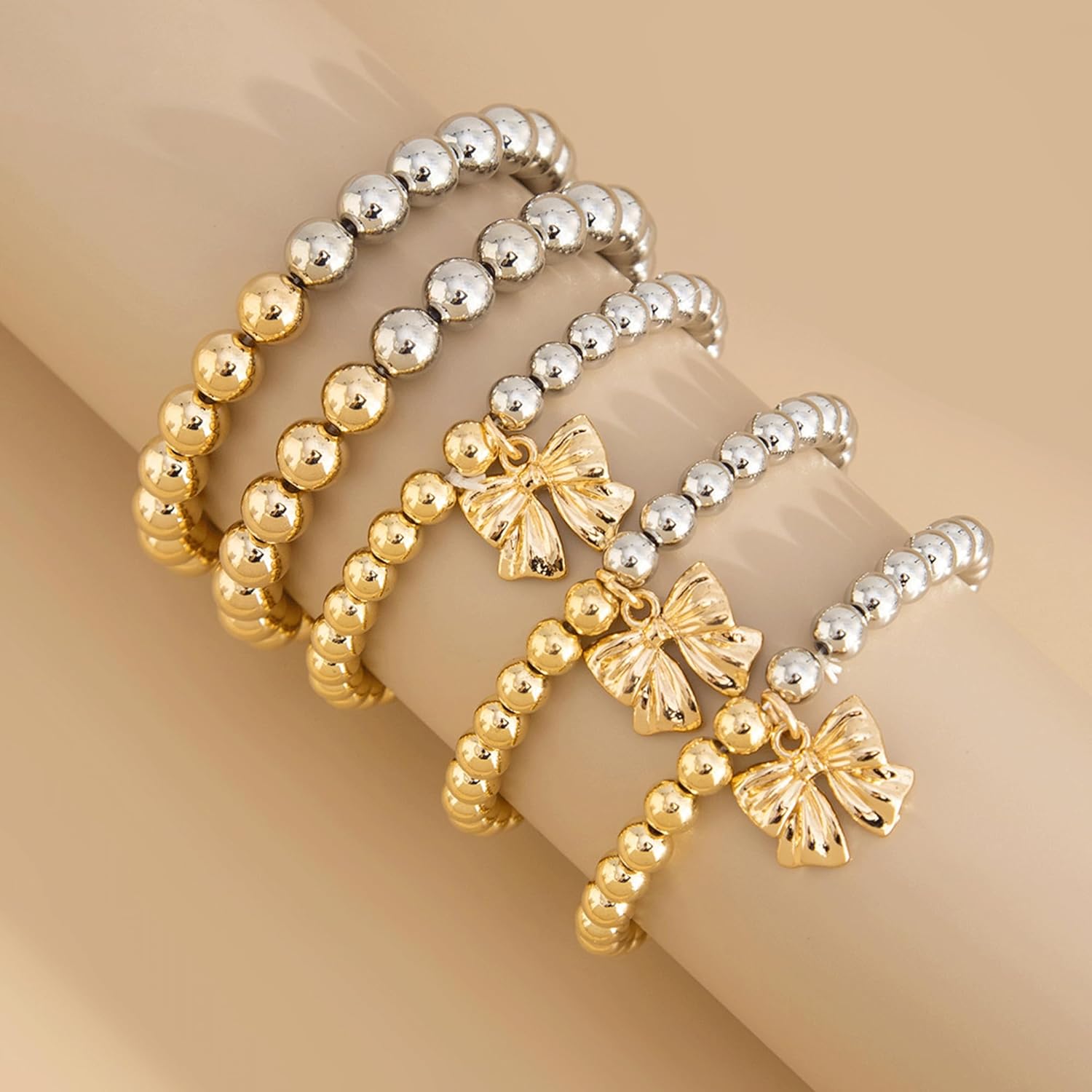 Nojess Bow Bracelet for Women Gold Silver Beaded Bracelets Stretch Bead Ball Heart Bracelets Stackable Set Jewelry for Women - Image 5