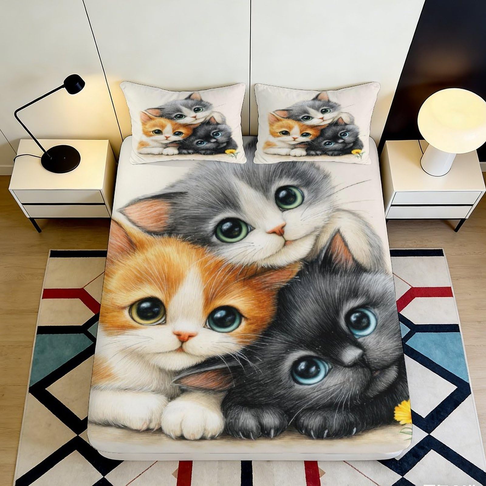 Pnayamiorkfel Style-5 3D Printed Cute Cat Fitted Sheet Microfiber Soft Breathable Cartoon Kitten Bed Cover For Bedroom Dorm Decor 90X200x25cm