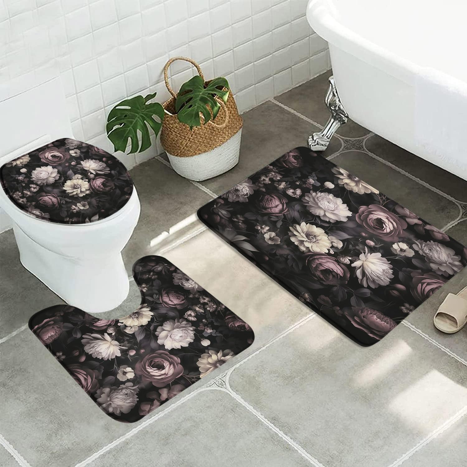 3pcs Black Floral Bathroom Sets with Non-Slip Rug,Toilet Lid Cover and Bath Mat,Rustic Watercolor Rose Bloosom Flower Peony Leaves Spring Garden Boho Wildflowers Bathroom Carpet Bath Mat Toilet Rugs