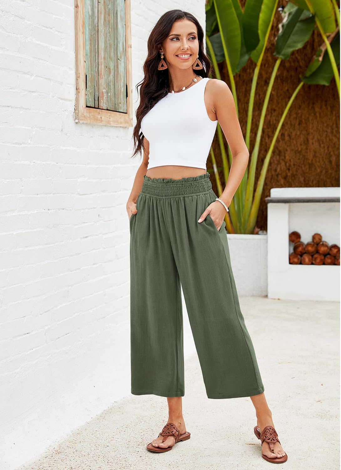 GRAPENT Capri Pants for Women High Waisted Wide Leg Linen Palazzo Trousers Pull On Elastic Smock Waist Loose Flowy Pants - Image 5