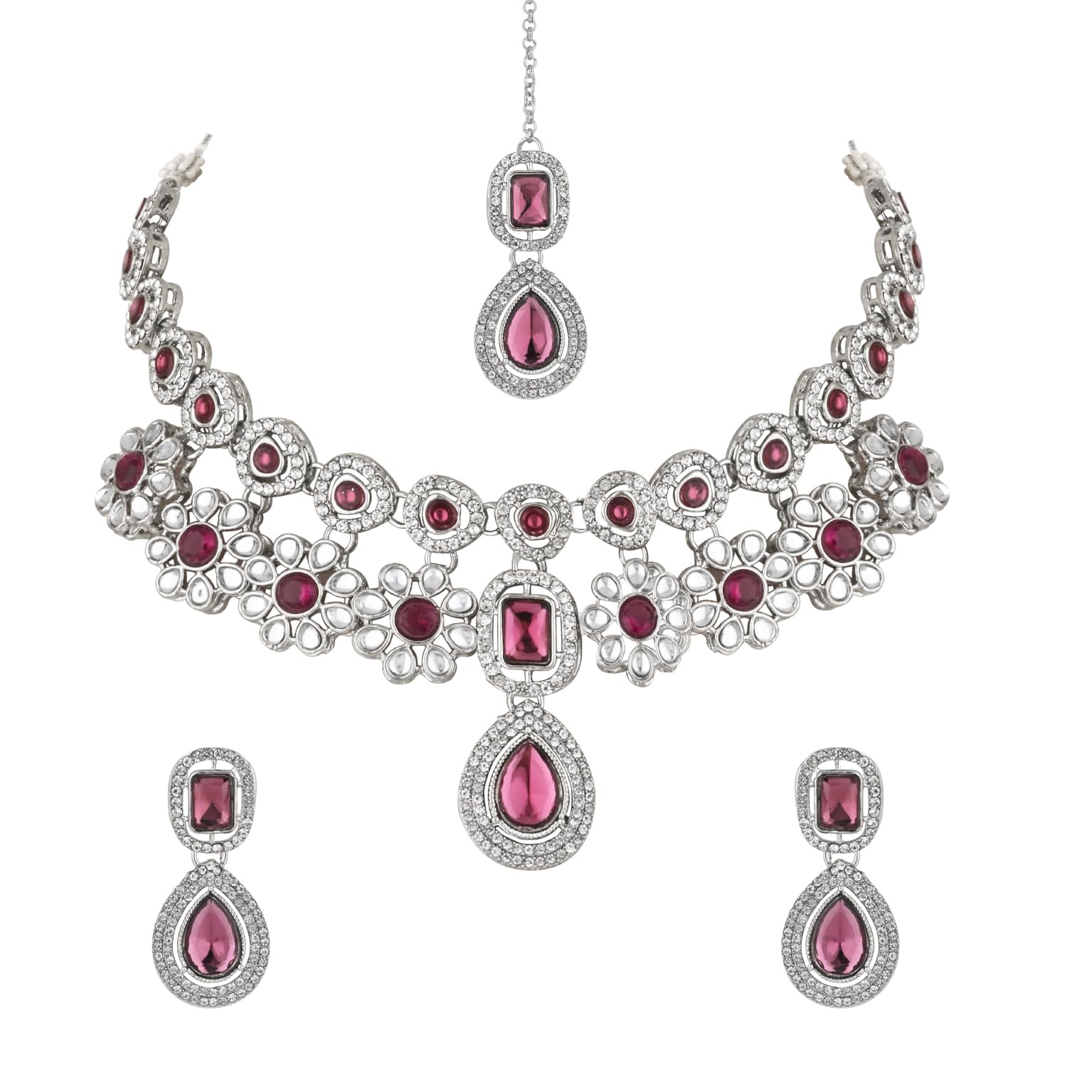 I Jewels Silver Plated Traditional Kundan Stone Choker Necklace Jewellery Set With Earring & Maang Tikka for Women (IJ377Z) (Green) (B0D96BDWJT) Amazon Price History, Amazon Price Tracker