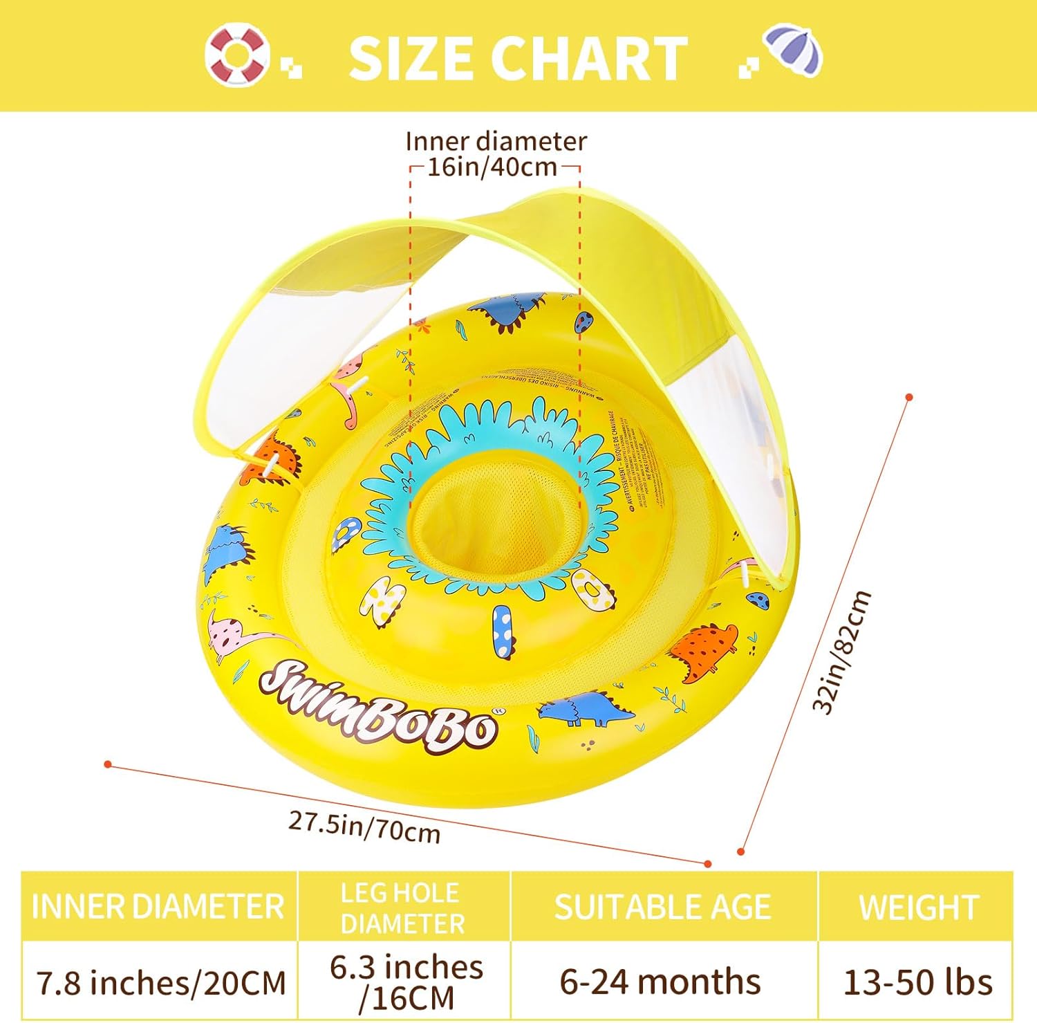 Swimbobo Baby Pool Float Ring with Adjustable Sun Canopy and Safety Seat Pool Toy for Age of 6-36 Months