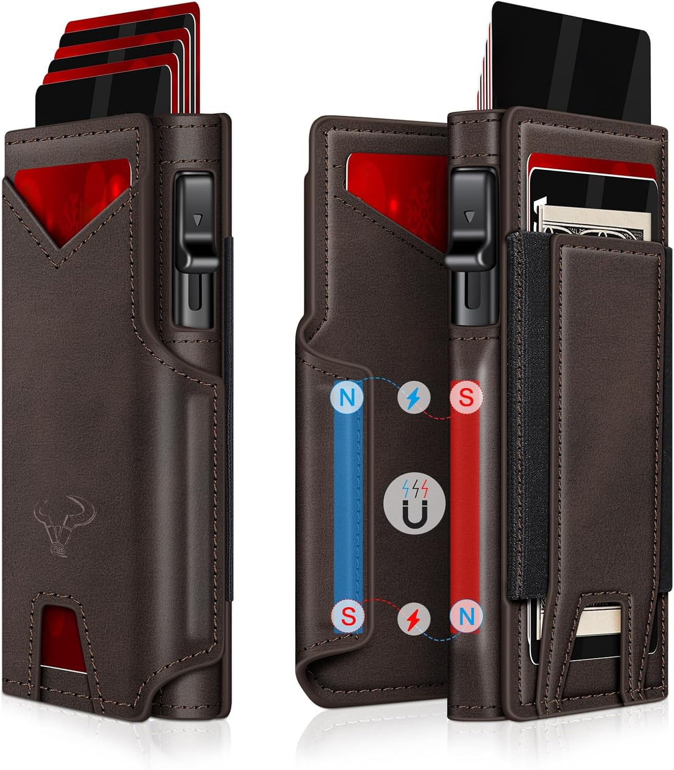 Smart Pop-Up Leather Wallet for Men & Women | RFID Blocking Card Holder with Money Clip | Slim Magnetic Bifold Wallet with Quick Access Button – Holds 14 Cards & Cash (Coffee)-image-5