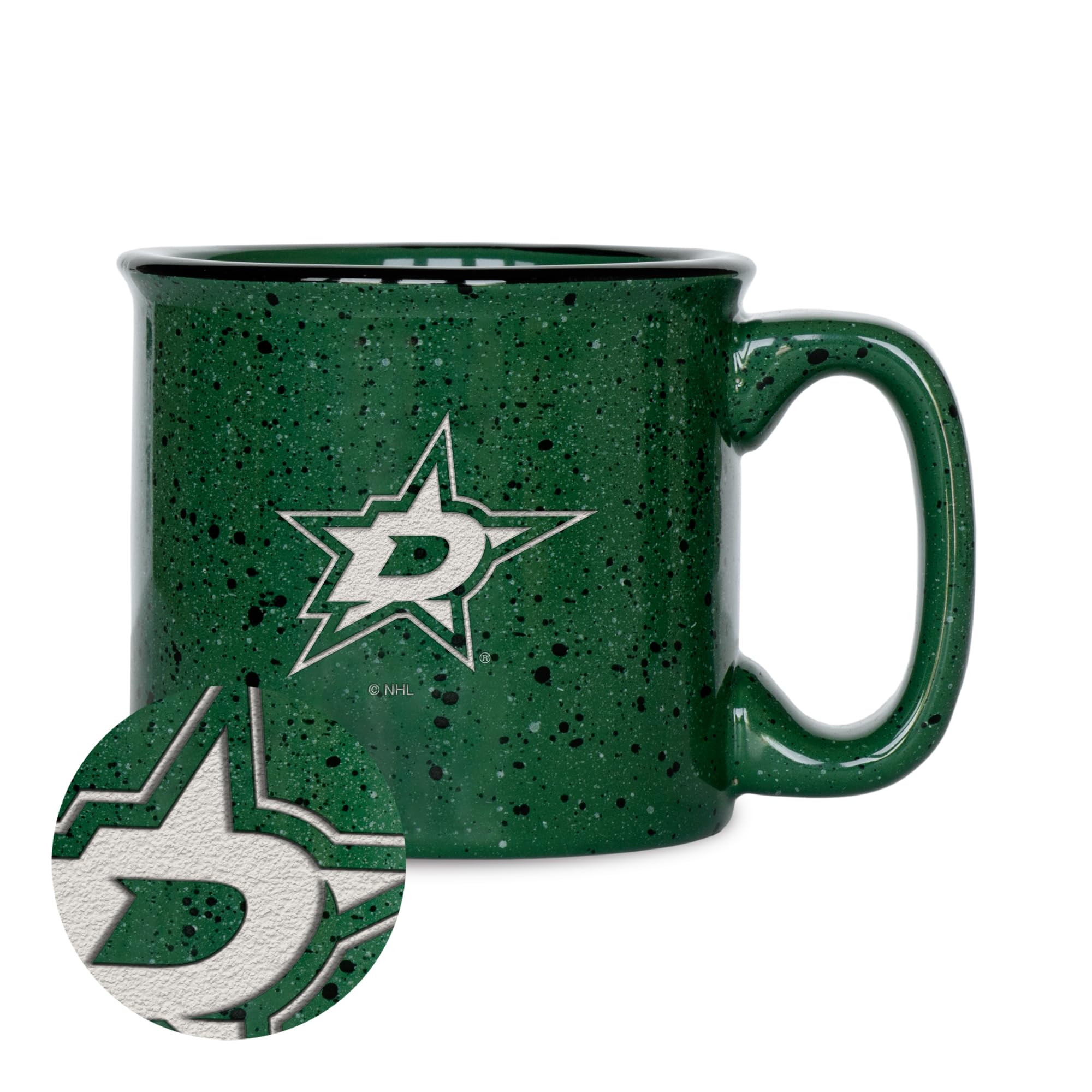 Rico Industries NHL Hockey Dallas Stars Green 15 oz Speckle Camper Coffee Mug, Deep Laser Engraved Logo, Ceramic Camping Mug, Speckle Glaze