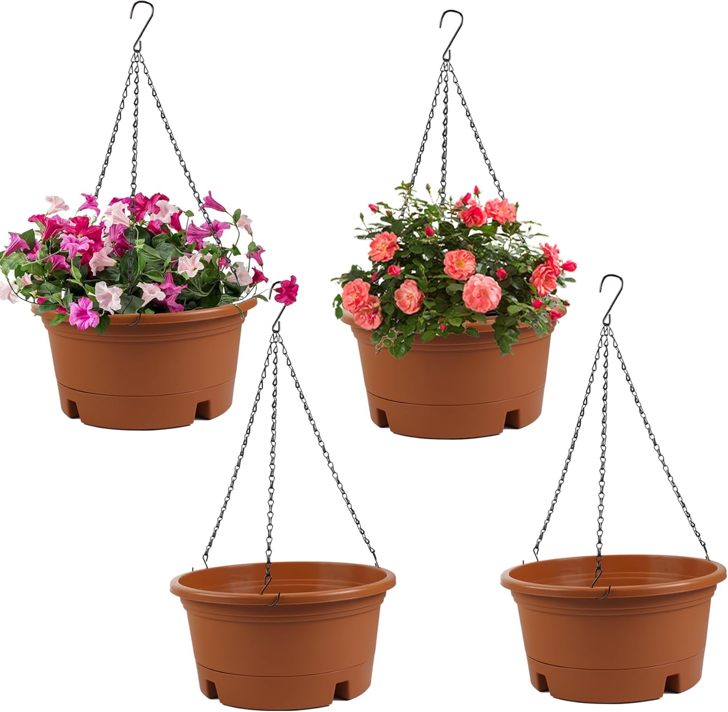 12 Inch Large Hanging Planters for Ootdoor Plants, 4 Pack Plastic Hanging Basket Pots with Drainage Trays & Chain, Hanging Pots for Plants Indoor Outdoor Garden Balcony Decoration (Terracotta)