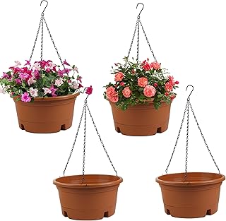 4 Pack 12 Inch Large Plastic Hanging Planters for Outdoor Plants | Plastic Hanging Basket Pots with Drainage Trays & Chain Holders for Outdoor Indoor Plants Garden Balcony Decor (Terracotta)