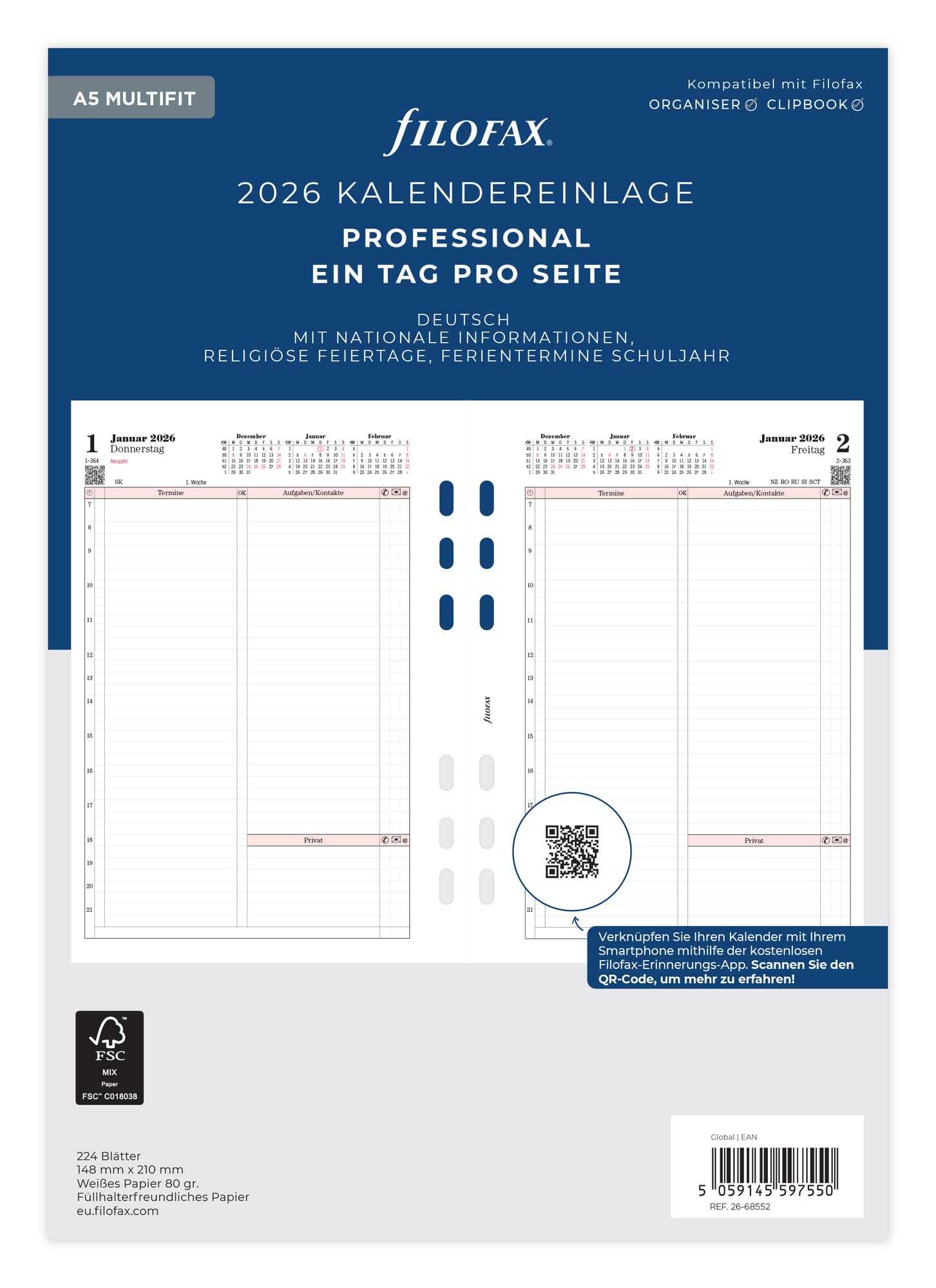 Filofax Calendar A5 Prof.1 Day per Page (German) 2026