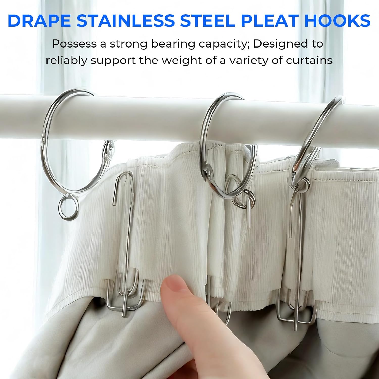 Curtain Pleat Tape, 22.2 Yards Pleater Curtains Tape with 100 Pcs Stainless Steel Pleater Hooks with 4 Prongs, Pinch Pleat Curtain Drapes Tape for Handmade DIY Pleated Curtain