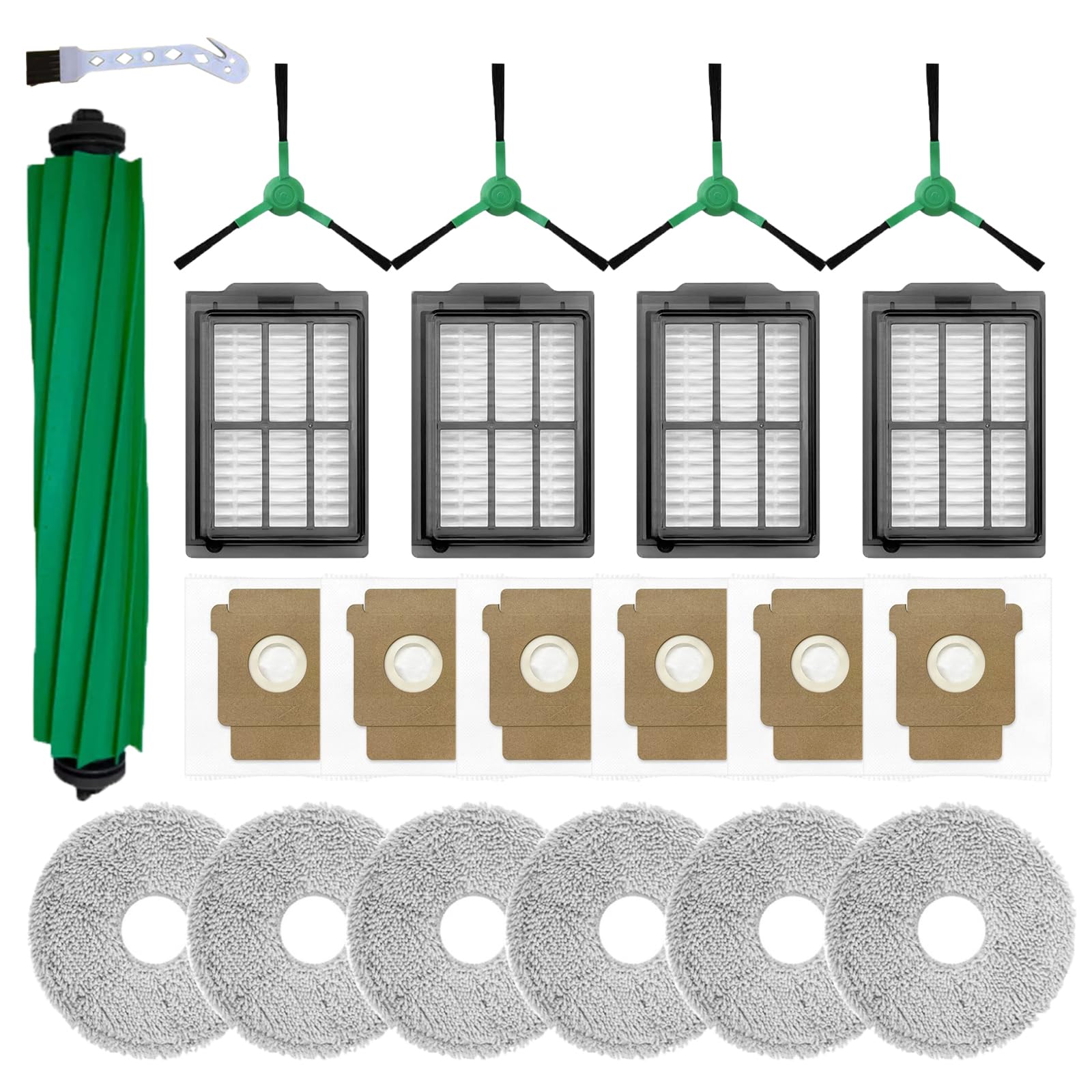 LOVOBO 22Stück Zubehörsets für iRobot Roomba Plus 405/505/507 Combo Saugroboter Ersatzteile,1 Hauptbürste, 6 Staubbeutel,4 Seitenbürste,6 HEPA Filter, 4 wischtücher,1 Reinigungsbürste
