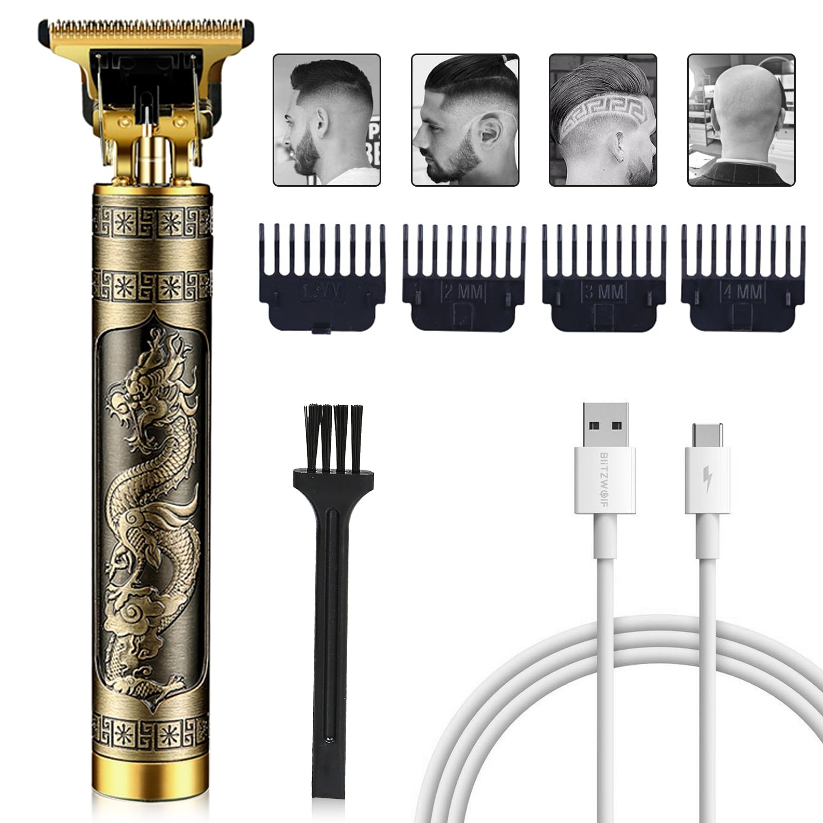 A rechargeable grooming kit for men that includes a beard trimmer and hair clippers, equipped with 4 limit combs for various cutting lengths. This professional set is designed for barbers and makes an