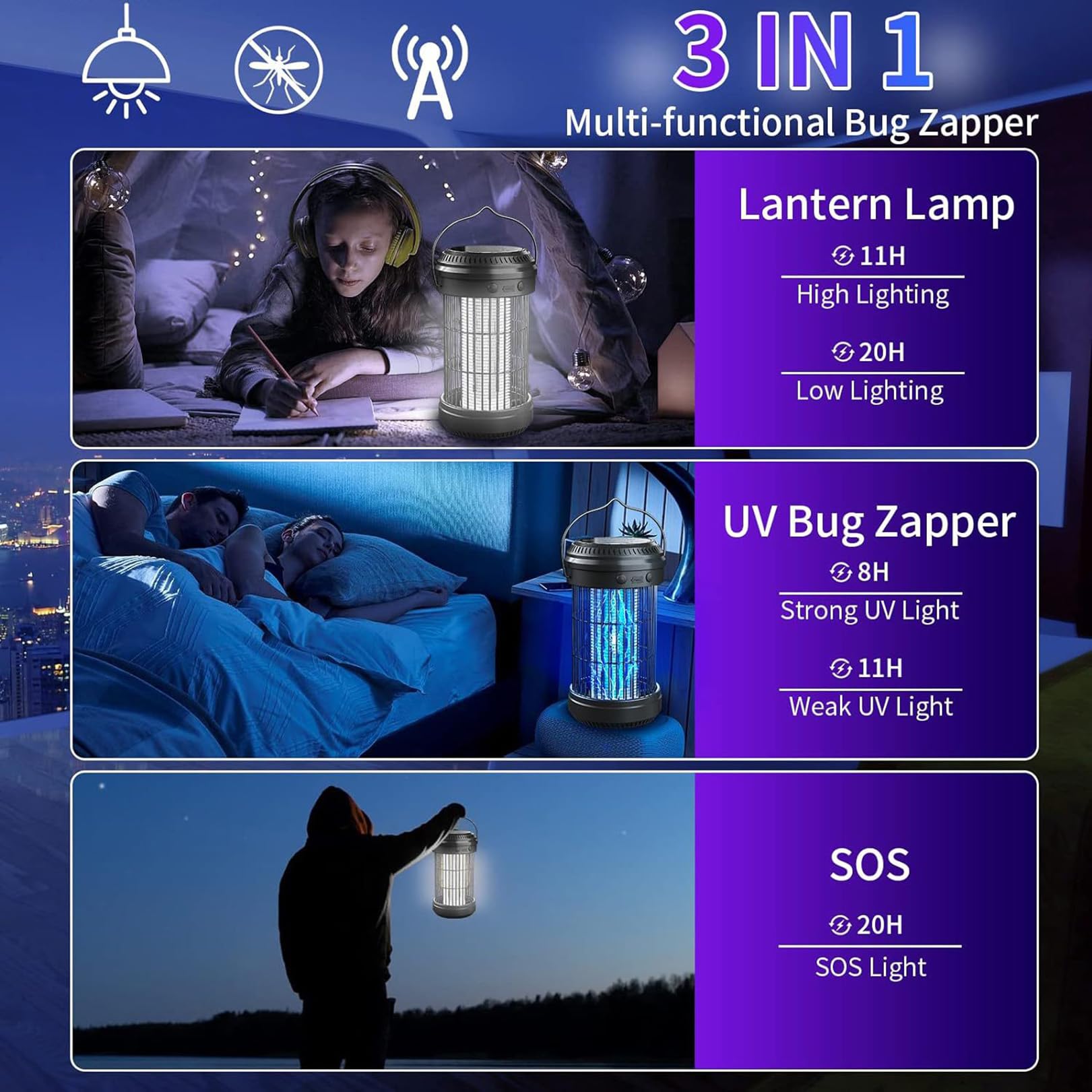 Solare | Zanzara Killer | Trappola per zanzare | 3 in 1 LED Portatile Flashbeam | Repellente per zanzare all'aperto | Insetticida con Batteria Repellente per zanzare Elettrico,Black-1pcs