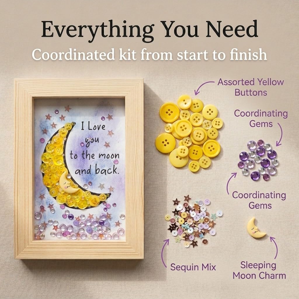 Buttons Galore and More Love You to the Moon Embellishment Bundle – Yellow Buttons, Moon Accents, Crystals, Gems & Sequins – DIY 8x10 Canvas Craft Kit