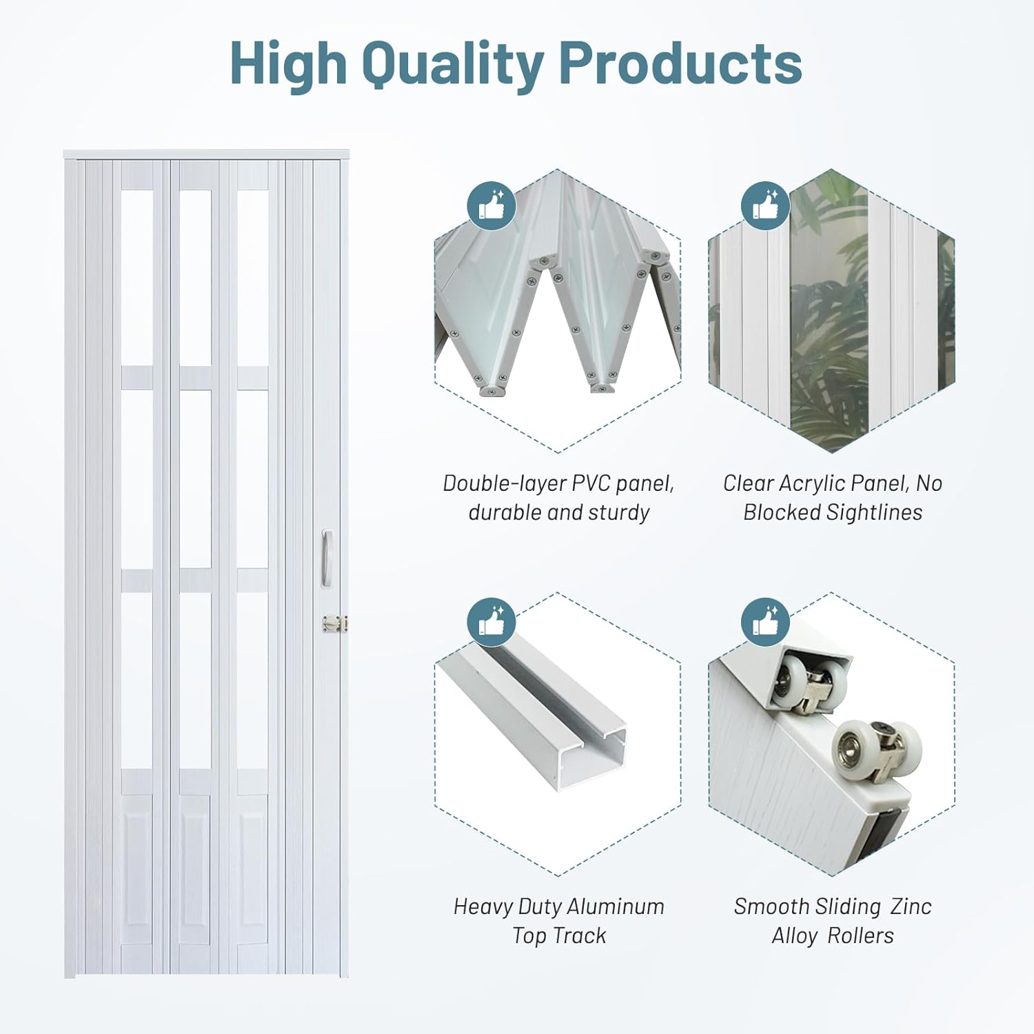 CCBOYSHARDWARE 48X80in Accordion Door with Clear Windows, PVC Folding Door with Lock & Handle, Space-Saving Bifold Door for Closet,Pantry & Room Divider, Easy to Install,Light Filtering