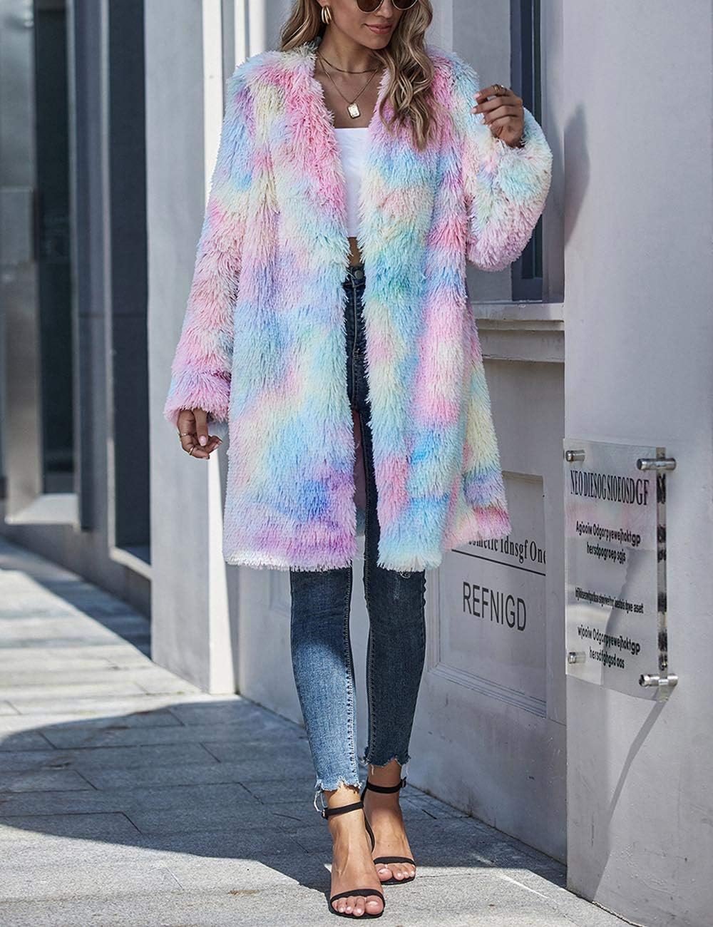 ECDAHICC Women's Rainbow Tie Dye Fuzzy Fleece Long Sleeves Jackets Wool Faux Fur Teddy Bear Long Cardigan Coat Outwear - Image 5