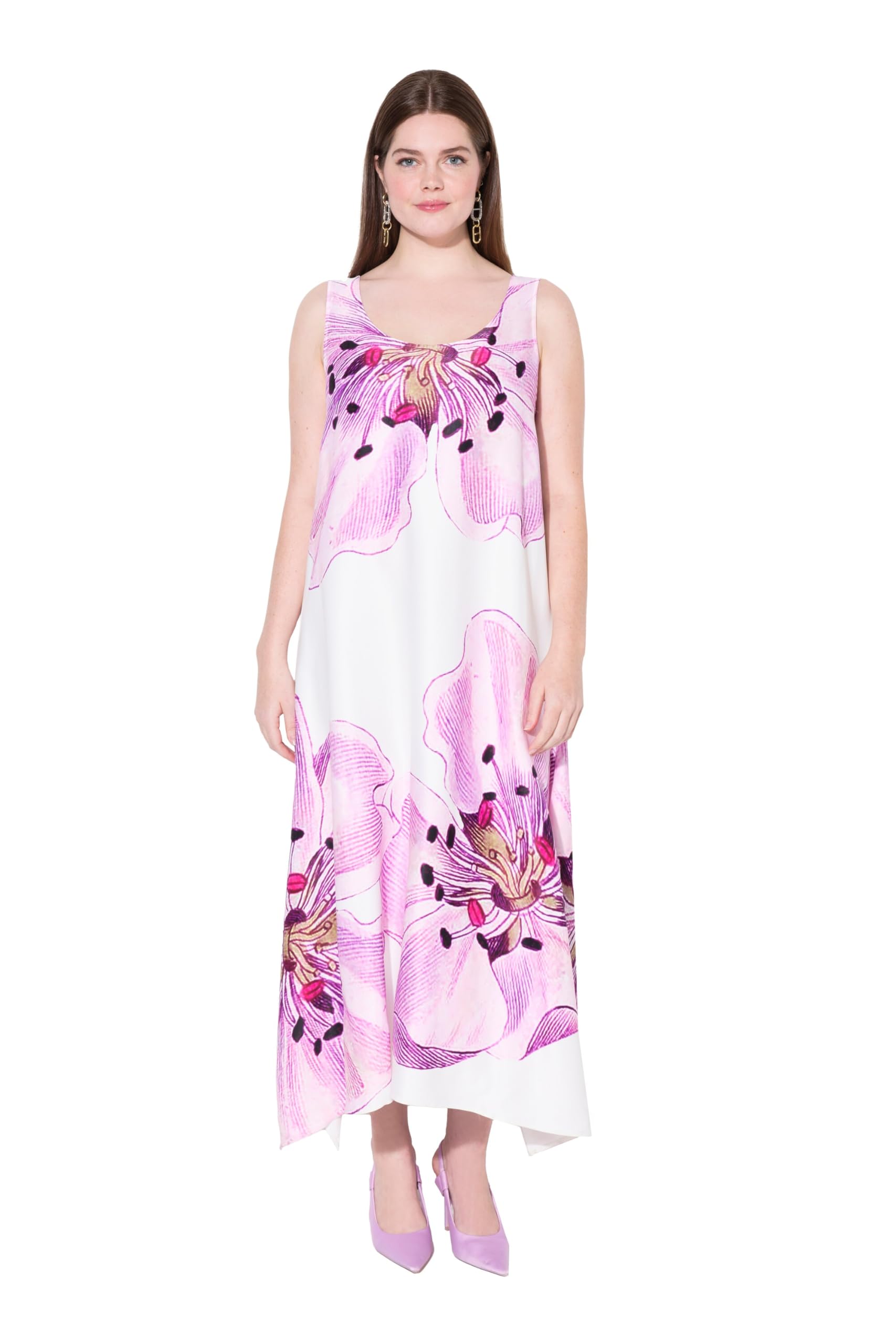 Ulla Popken Damen große Größen Übergrößen Plus Size Midikleid, Blüten, Tulpen-Silhouette, Rundhals, ärmellos 837620