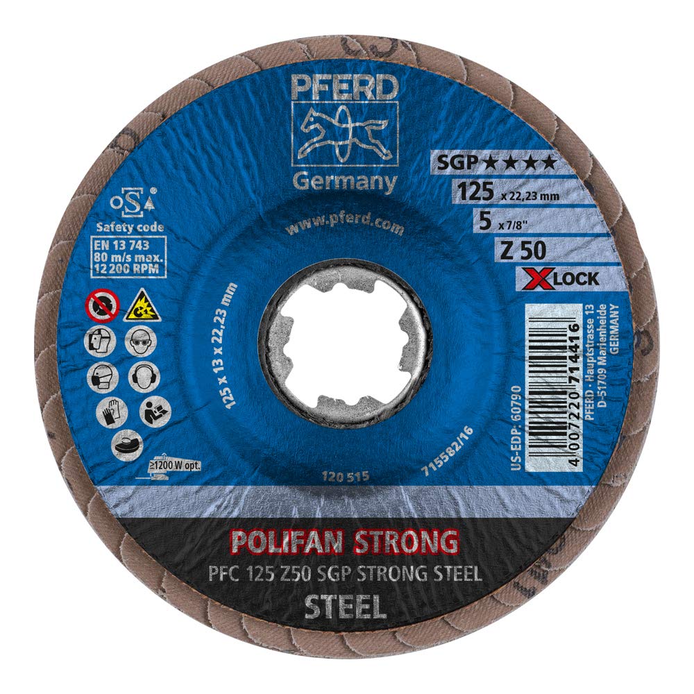 PFERD Disco abanico Polifan Strong, 10 unidades, 125 mm, Z50, X-Lock (22,23 mm), SGP Steel, 67788128 – para mayor eliminación y menor consumo de discos