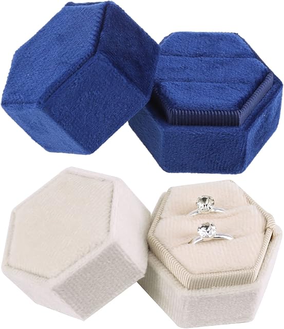 2 PCS Velvet Ring Box, Double Earring Box with Detachable Lid Hexagon Engagement Ring Box Ring Gift Box Elegant Ring Case Box Ring Display Boxes Small Earring Case Ring Bearer Box for Jewelry Wedding