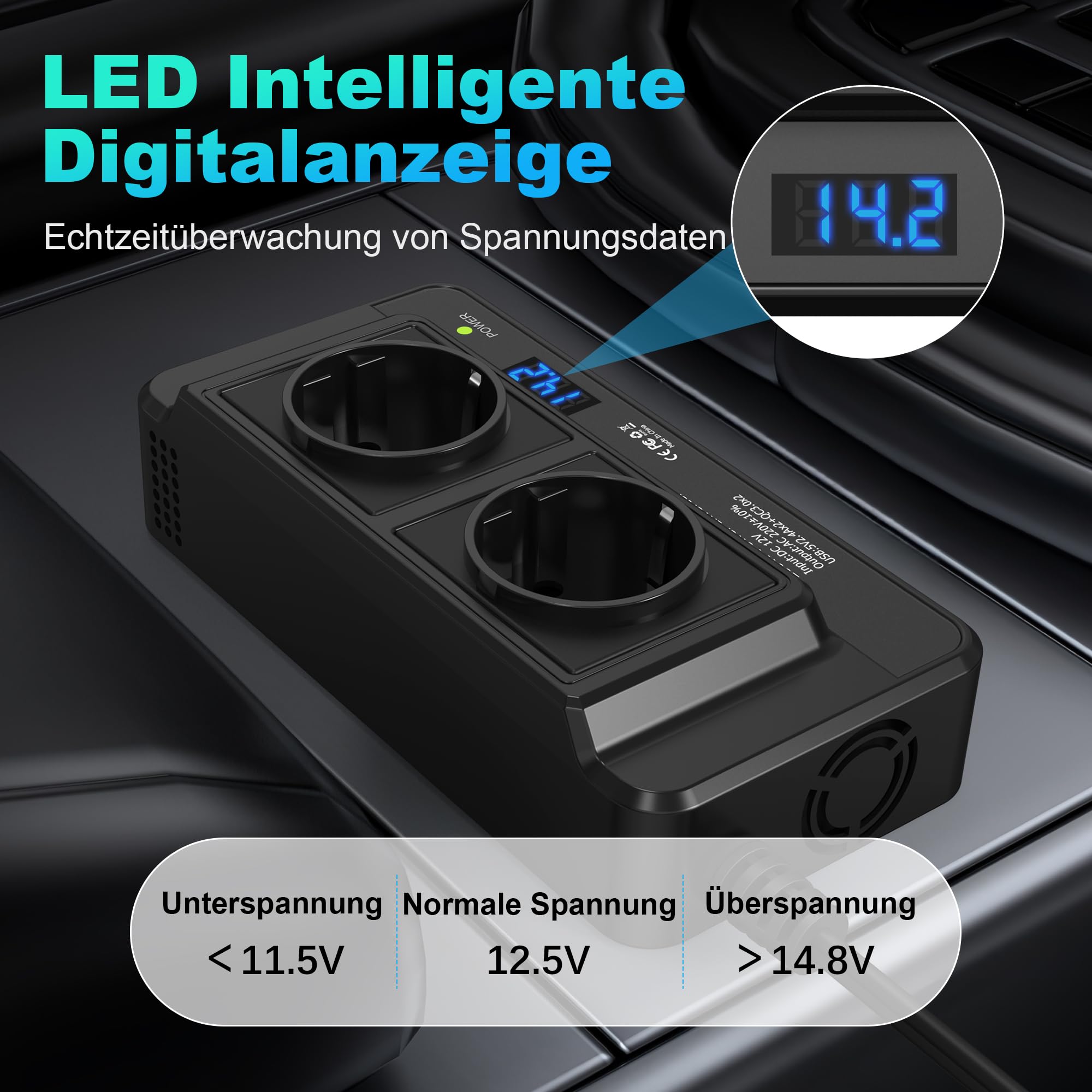 200W Auto Spannungswandler Wechselrichter DC 12V to AC 230V mit 2 Steckdosen und 4 USB Ports Schnelles Aufladen KFZ Ladegerät mit Zigarettenanzünderstecker für Geschaeftsfahrten und Urlaub