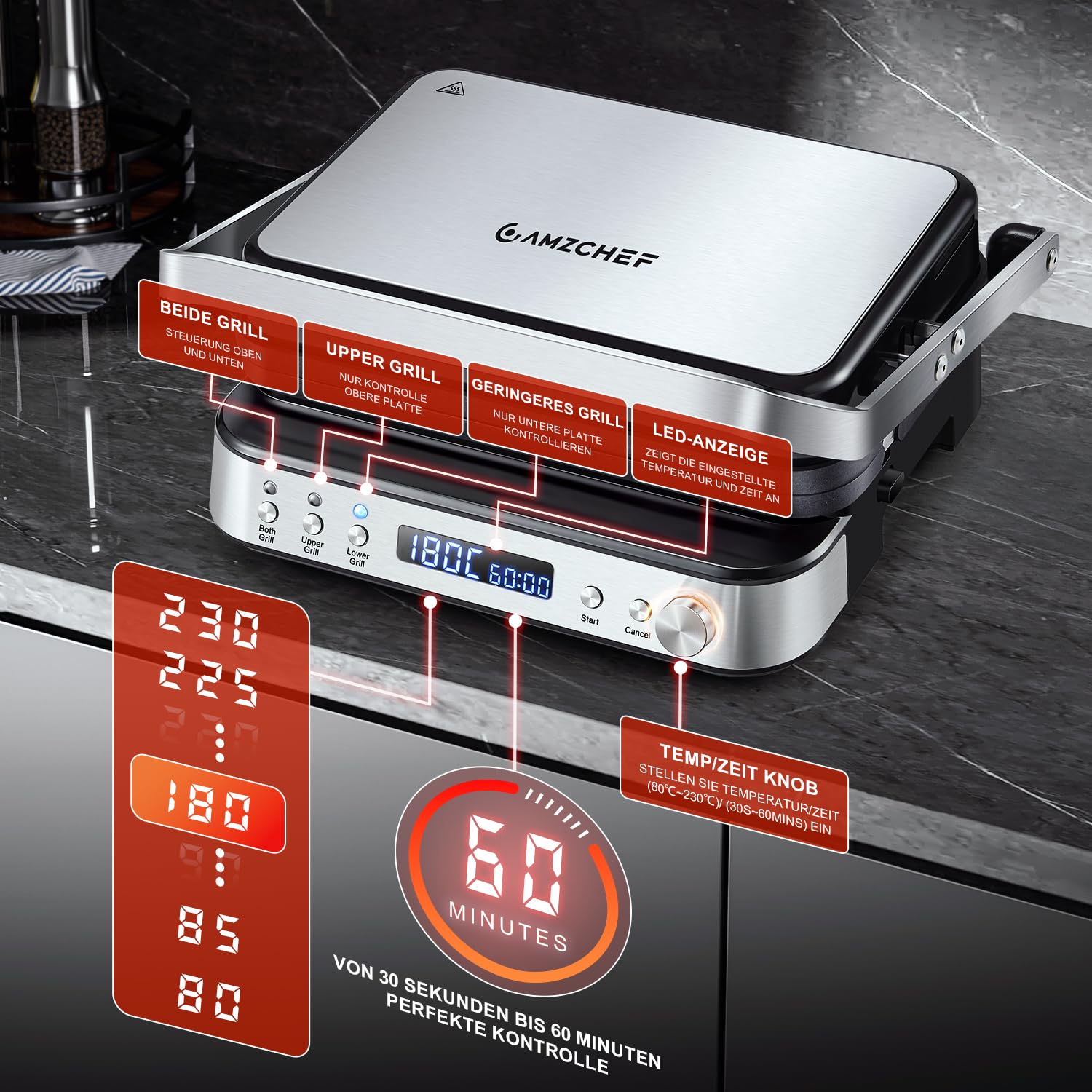 AMZCHEF Kontaktgrill XXL 2000W 4-in-1 Multifunktionsgrill mit Wechselplatten, Panini Grill, Waffeleisen & Sandwichmaker, 80–230°C, Timer, 180° Tischgrill, Antihaft