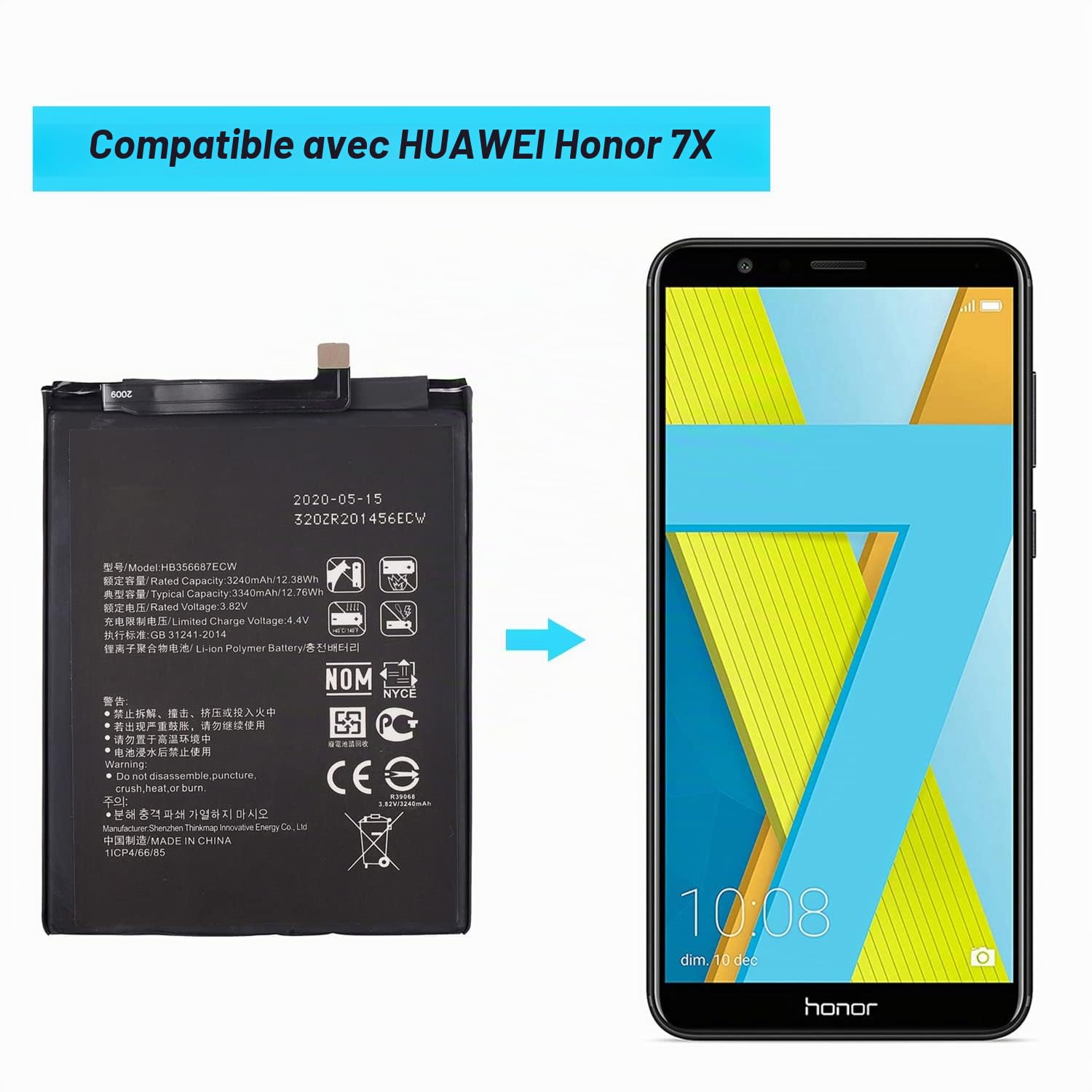 HB356687ECW Batterie compatible avec Huawei P30 Lite Mate 9 Lite Nova 2 Plus/Nova 4E Honor 7X / Nova 2 Plus Mate 10 lite avec kit d'outils - Ne convient pas pour Honor x7