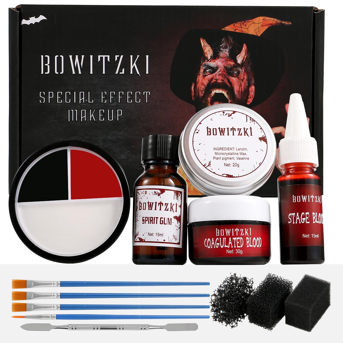 Bowitzki Halloween SFX Makeup Kit Scar Wax Special Effect Makeup,Scab Blood + 3 Colors Oil Based Face Paint + Spirit Gum + Skin Wax + 3 Stipple Sponges + Spatula