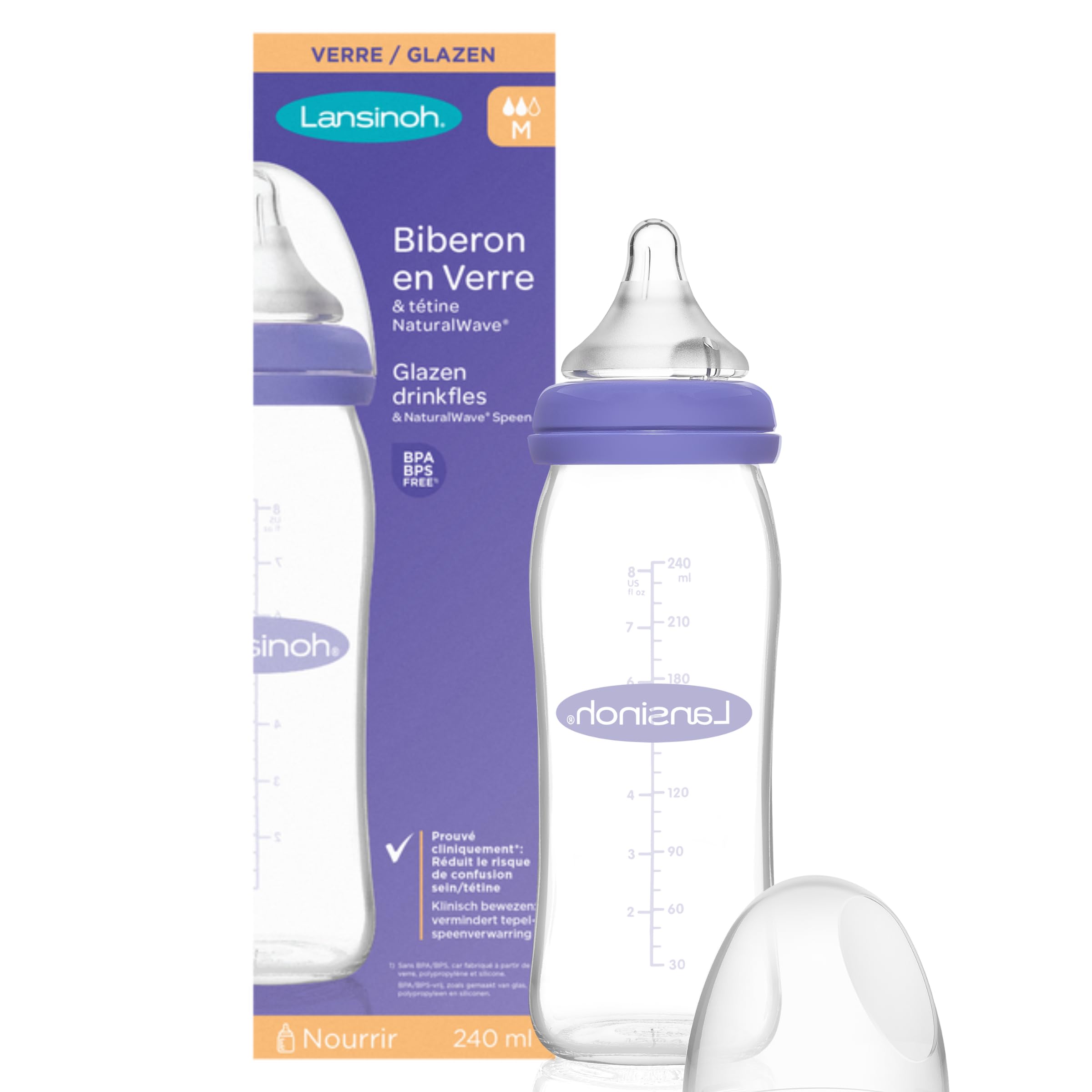 Lansinoh Glass Baby Bottle with NaturalWave Teat (240 ml), Anti-colic, Premium heat & thermal shock-resistant glass, Medium Flow soft & flexible silicone teat, teats are BPA & BPS free, purple
