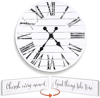 ALBEN Large Farmhouse Wall Clock - 24 inch Round Shiplap Farmhouse Style Clock Bundled with Decorative Reversible Wooden Sign