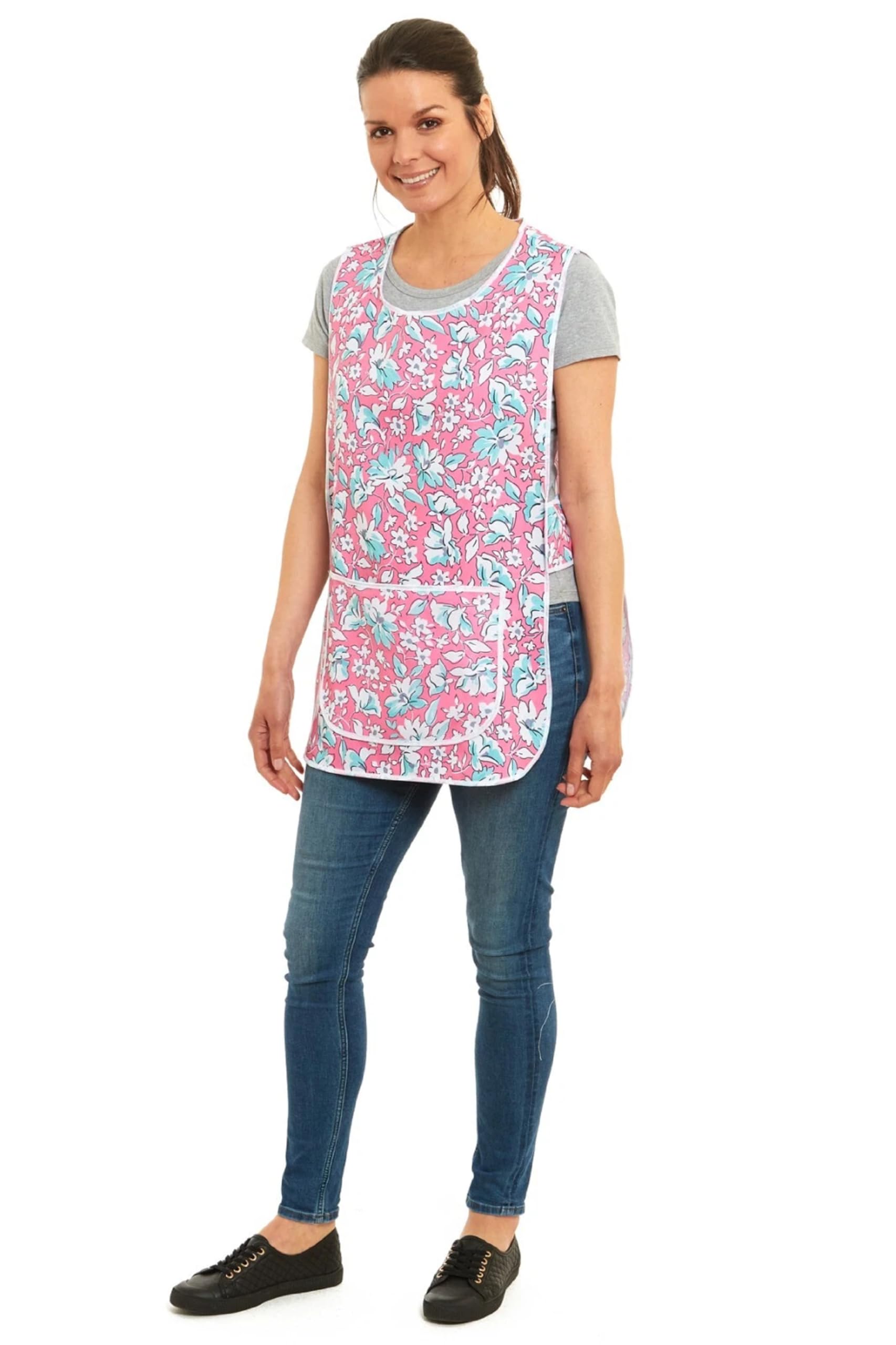 AN Direct Womens Home Work Kitchen Catering Cleaning Bar Floral Print Large Front Pocket Side Fastening Apron Tabard (Pink, XL)