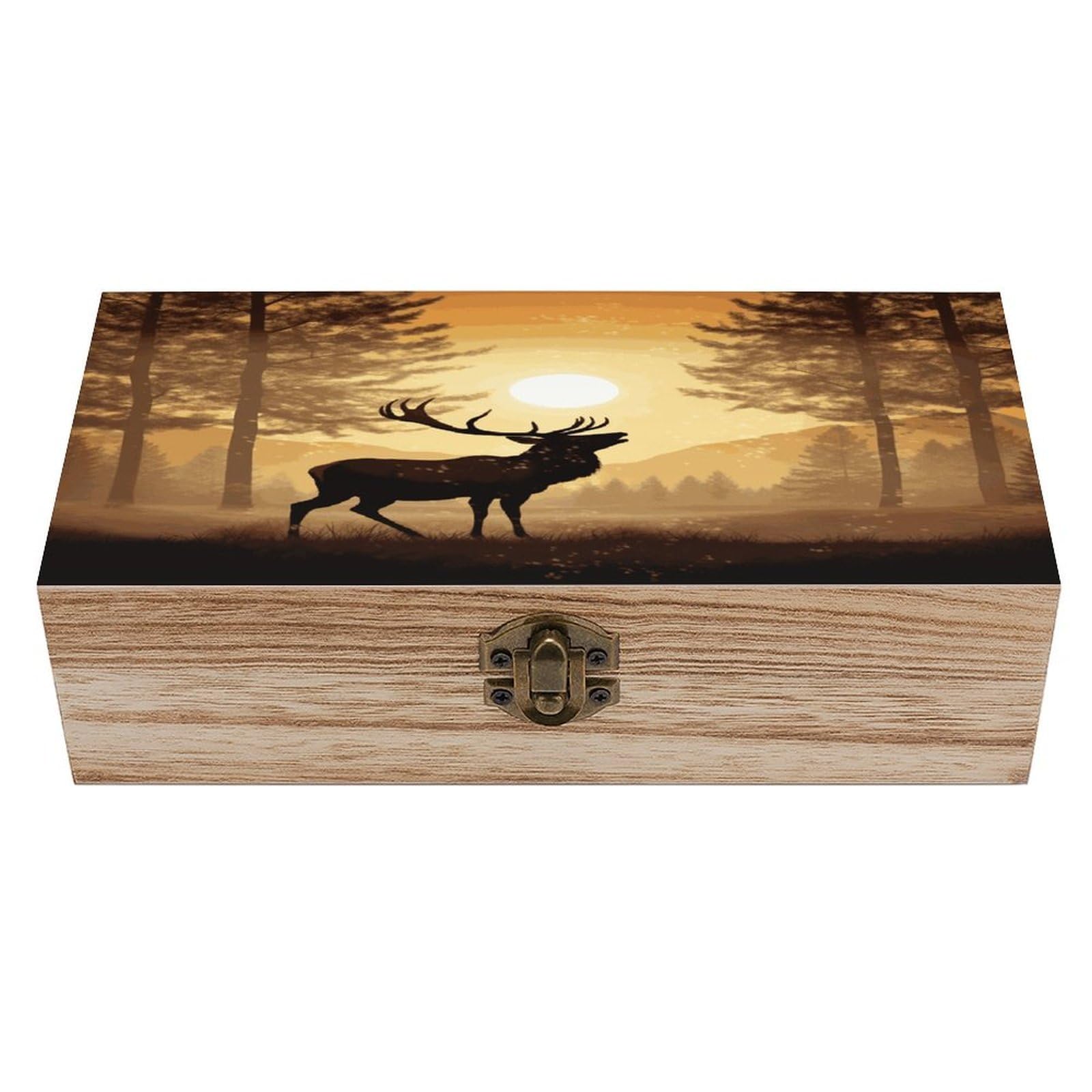 VstaDank Elk Artwork Wooden Keepsake Box with Hinged Lid Solid Wood Gift Boxes Beautifully Keepsake Box Jewellery Organiser Retro Memory Treasure Case with Lids Decorative Boxes