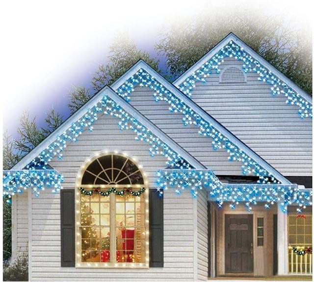 Outdoor Blue and Cool White Icicle Christmas Fairy Lights, 400 LED 10 Metres Lit Width, 80 Icicles, 8 Hour Timer, 8 Modes, Safe Voltage