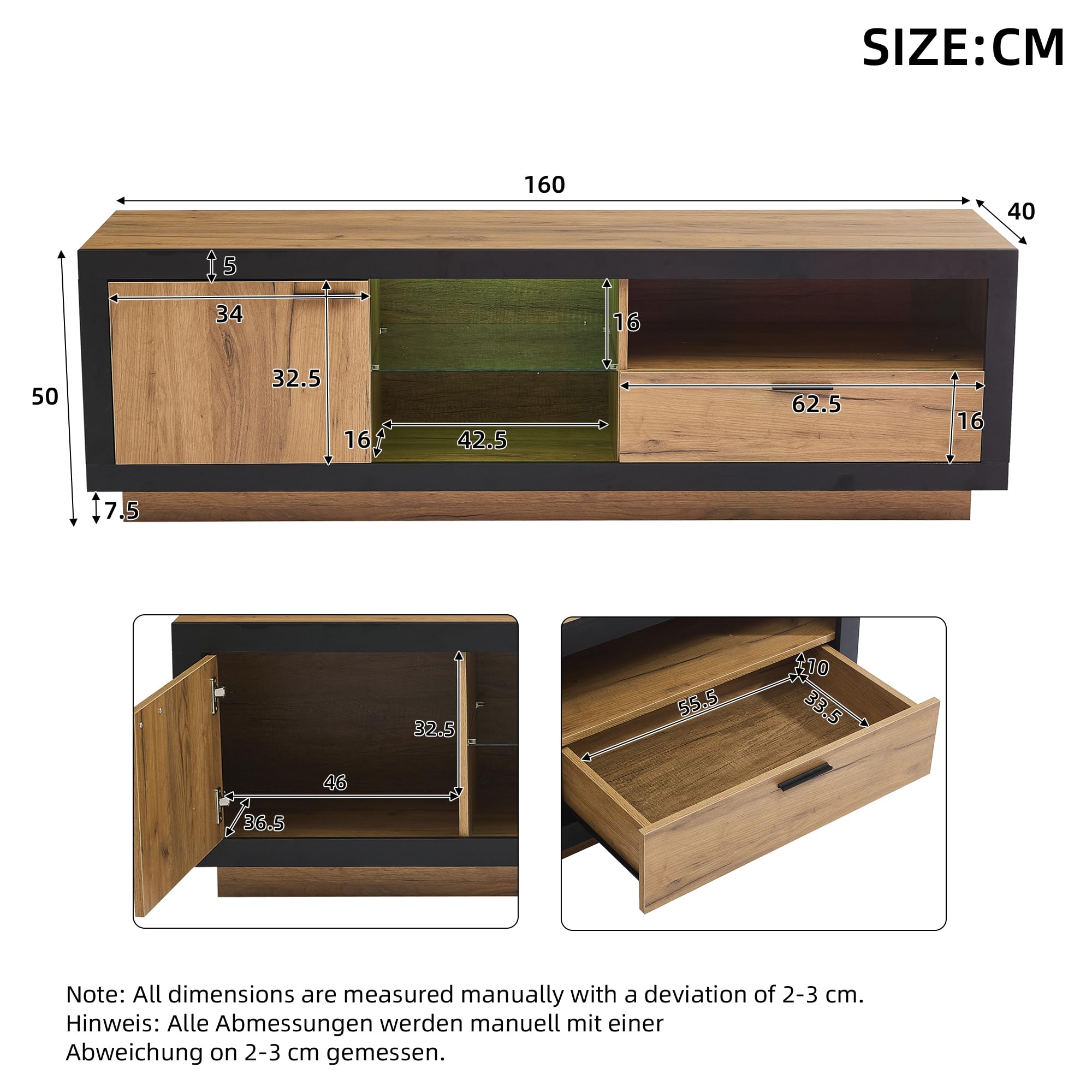 BTM LED TV-Schrank mit Glasböden & App-Steuerung 160x40cm Lowboard für 70-Zoll-Fernseher Gaming Media Center Schwarz+Eiche, 50kg Tragkraft