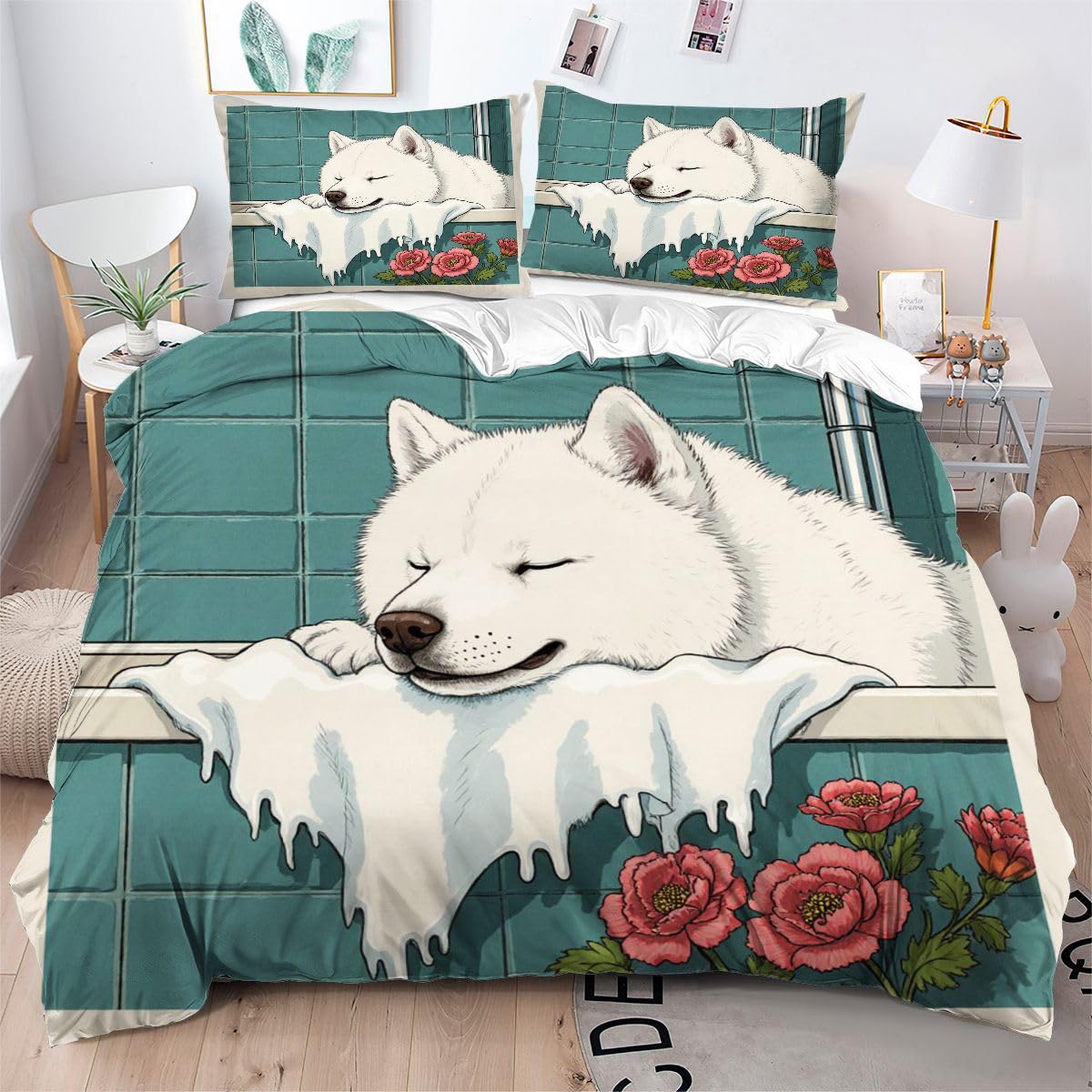 Parure de lit 160x200 chien 3D coloré avec housse de couette et taies d'oreiller