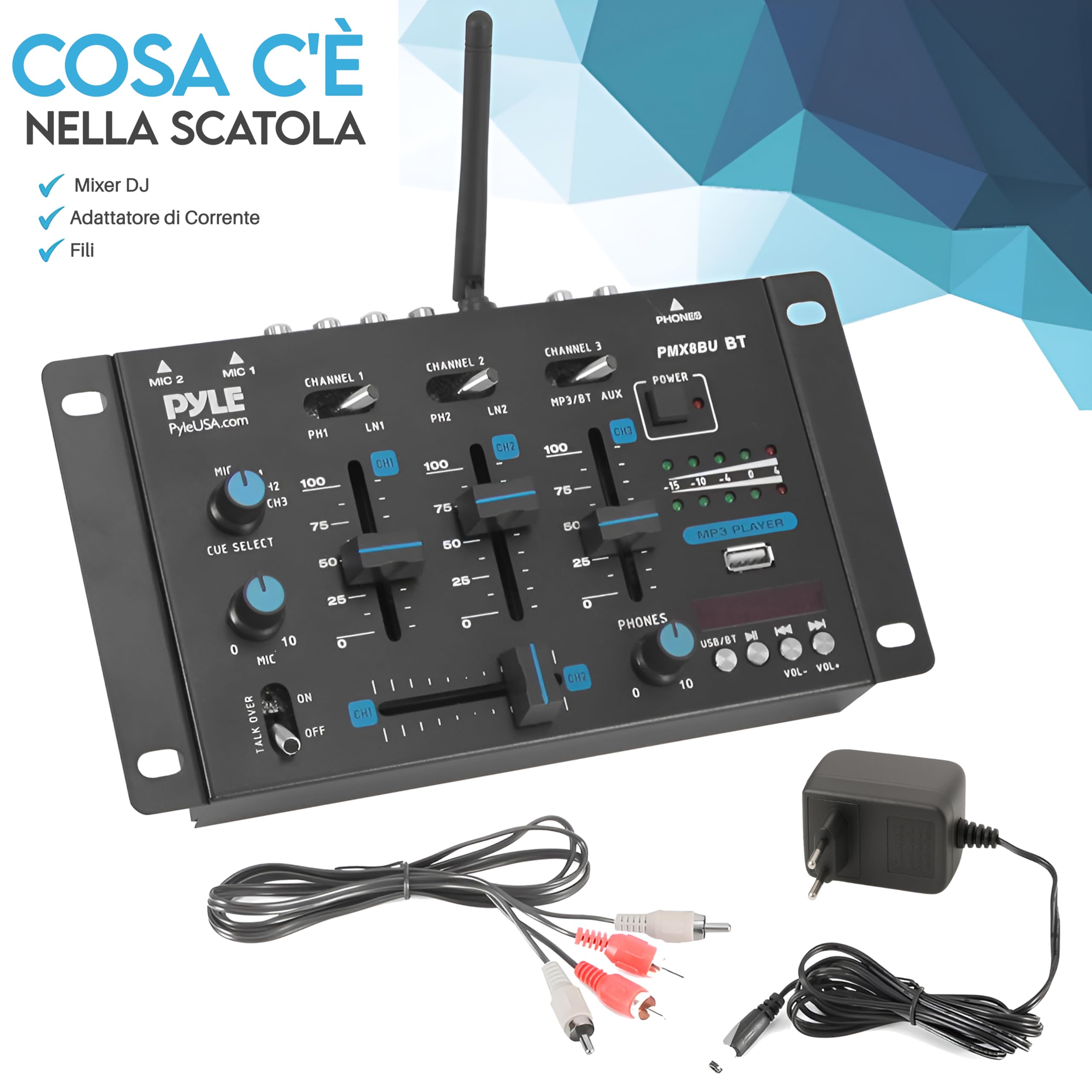 Pyle Mixer DJ Wireless, Mixer Audio Bluetooth 3 Canali, Talkover Microfono, Lettore USB, RCA Phono/Linea, Ingresso Microfono, Console DJ, Jack Cuffie