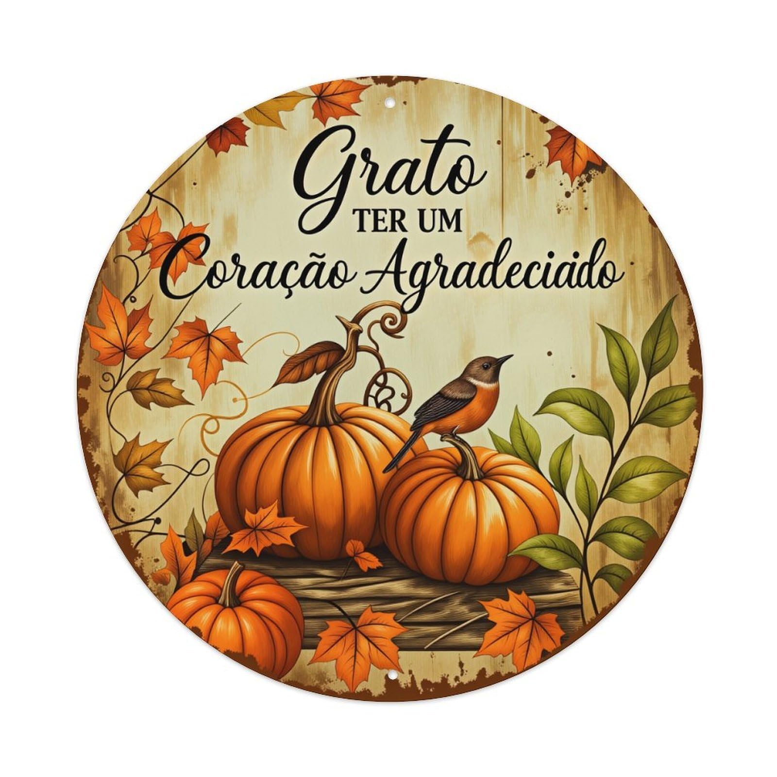 Pumpkin Bird Leaves Autumn Wood Round Tin Sign Vintage Style Metal Sign Home Bar Garden Wall Plaque Decor Metal Poster 8x8 Inch