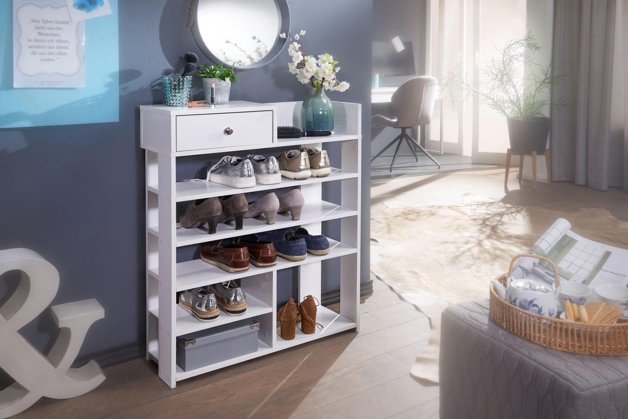 WOHNLING Regał na Buty 75x24x92,5 cm Biały z Szufladą, 7 Przegrody | regał do przedpokoju wysoki do wiele par butów, regał stojący ze schowkiem, półka na buty otwarta do przedpokoju i korytarza
