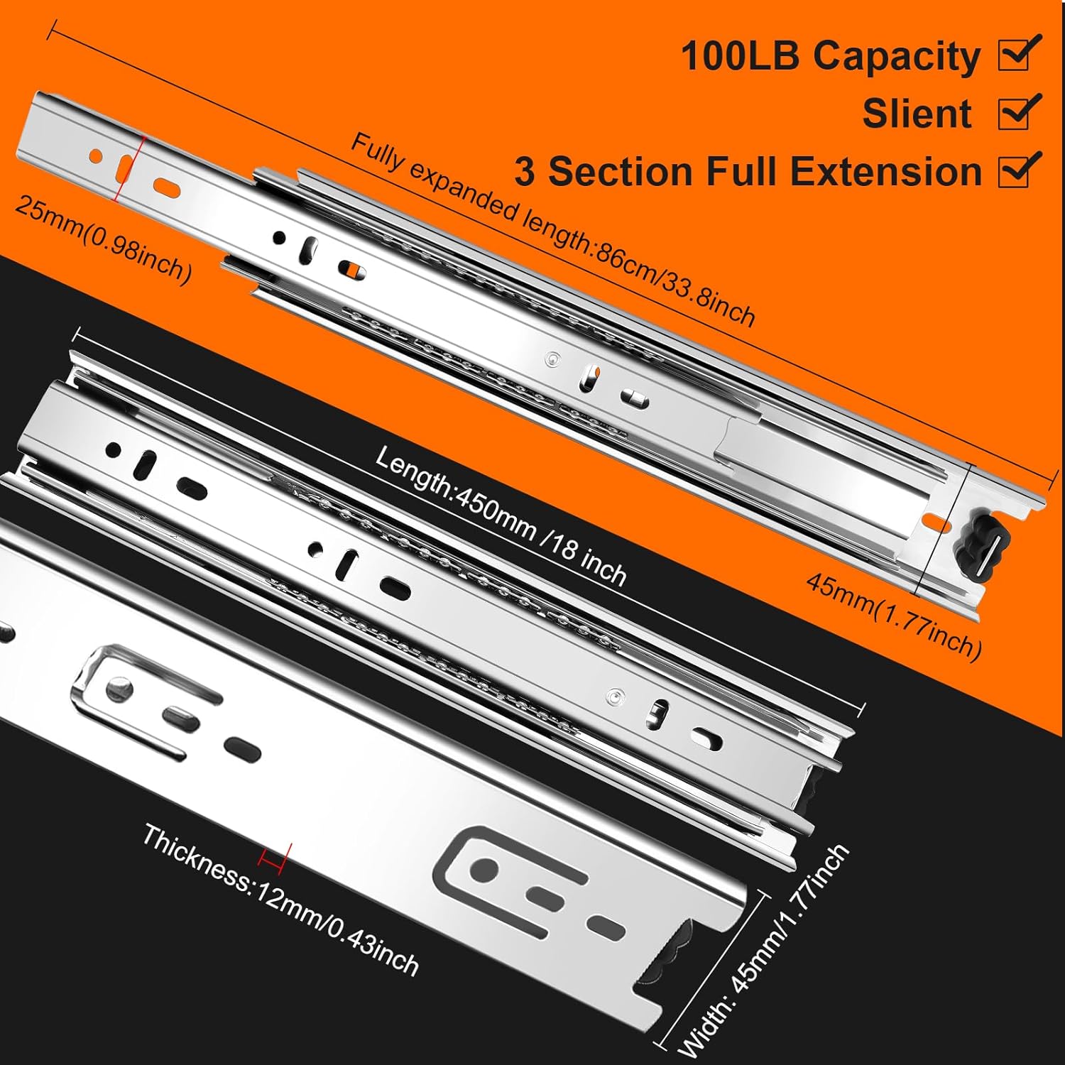 18 inch drawer slides 4 pairs (8pcs) 3 fold full extension side mount cabinet drawer glides 18" silver cabinet rails for dresser, cabinet, kitchen,trash can, wardrobe 100 lb capacity